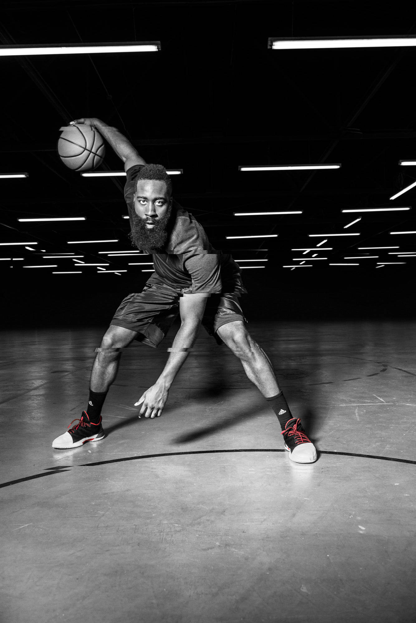 James Harden, black and white, crouches low, Full HD Phone Wallpaper