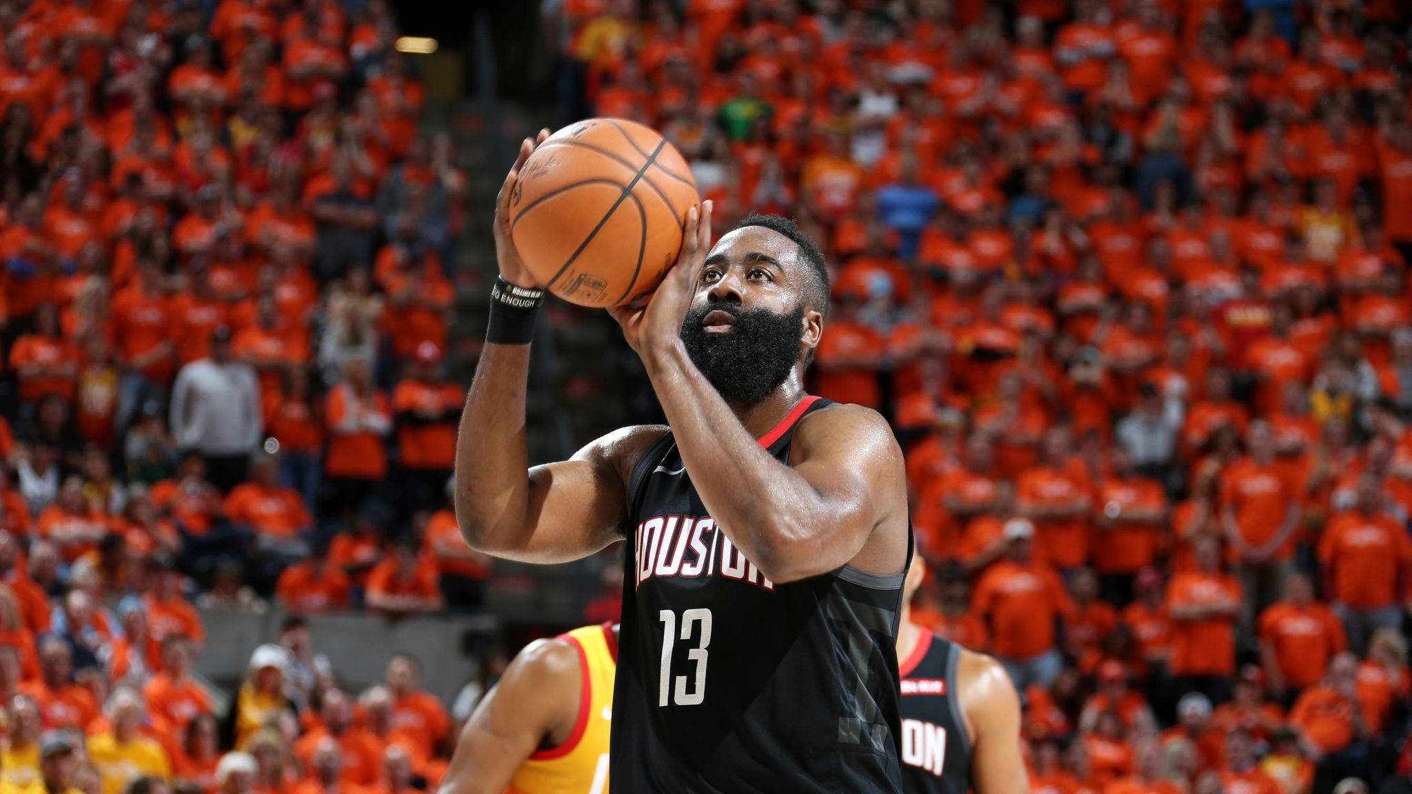 James Harden, black jersey, orange-clad fans, Full HD Desktop Wallpaper