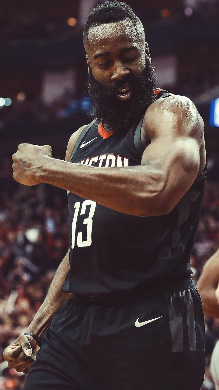James Harden, black Houston jersey, bright arena lights, HD Phone Wallpaper