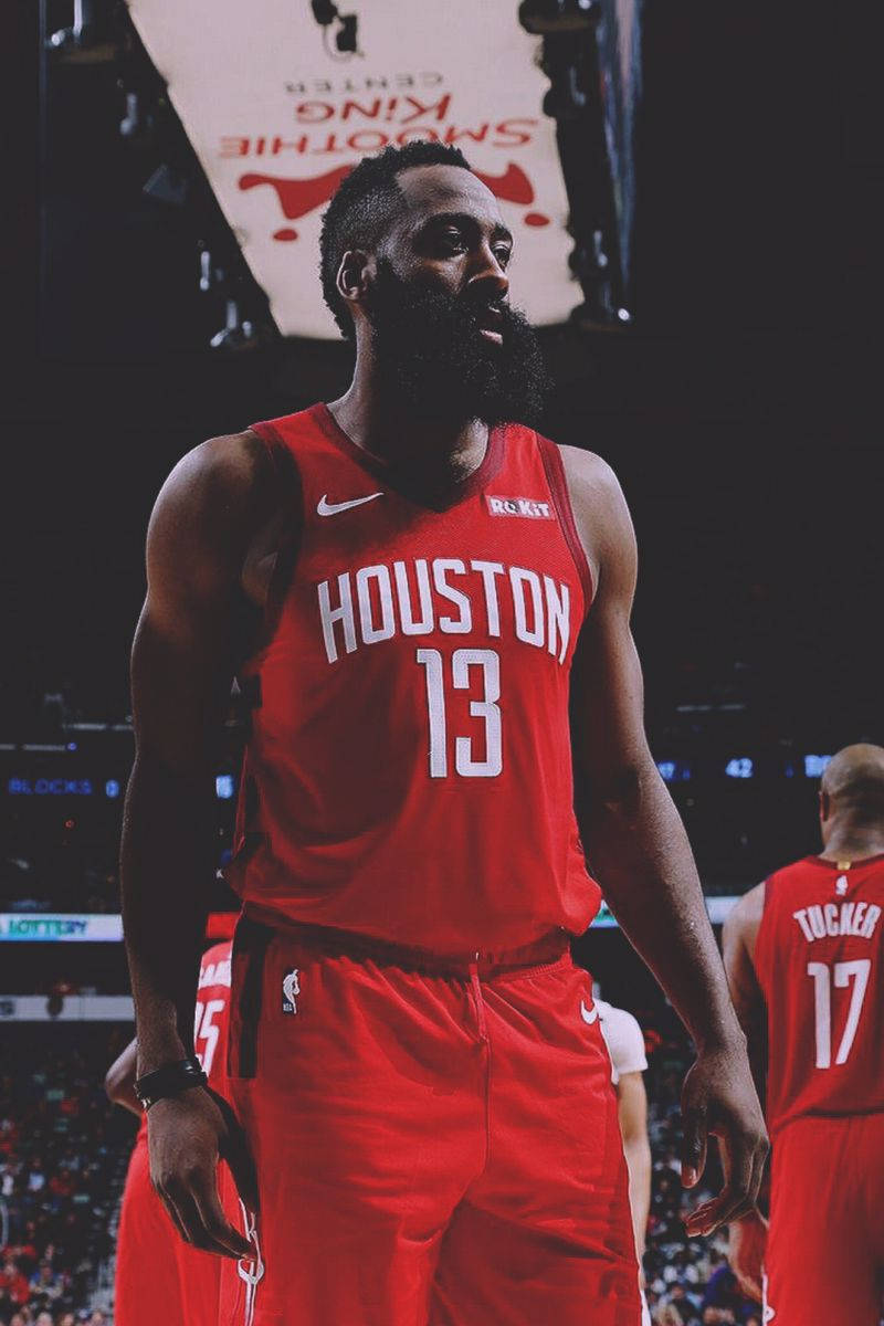 James Harden, red Houston Rockets jersey, arena lights, SD Phone Wallpaper
