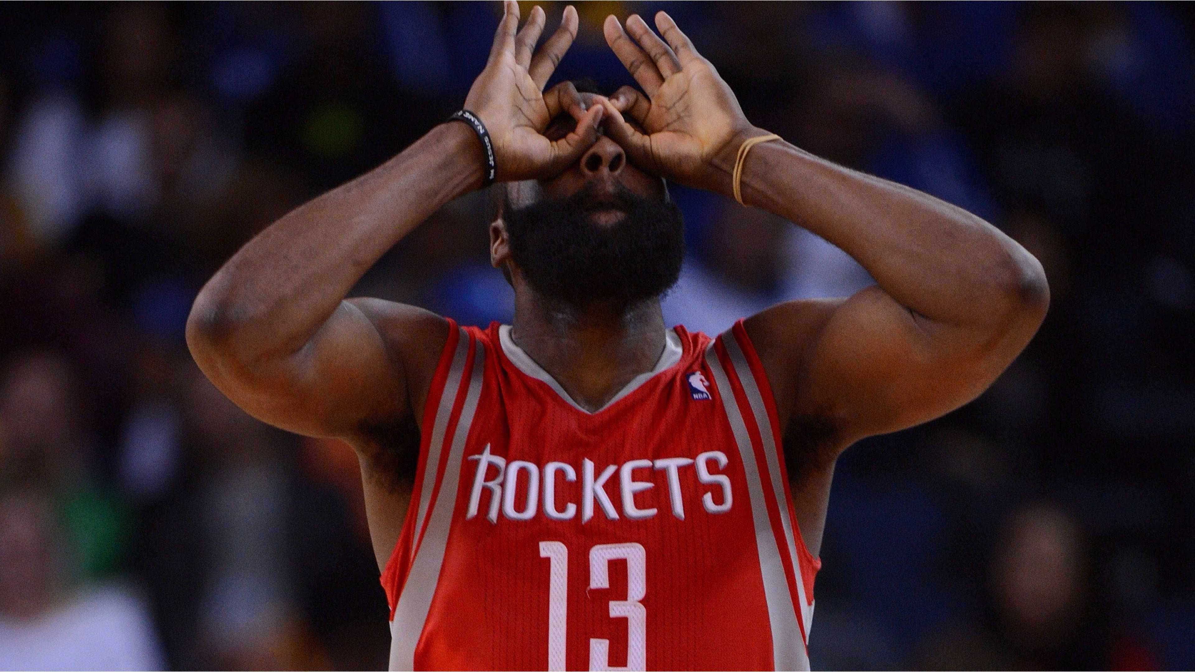 James Harden, 3-Point Celebration, red Rockets jersey, 4K Desktop Wallpaper