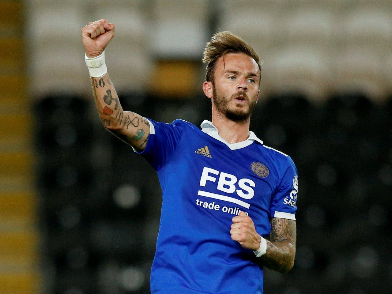 James Maddison, blue jersey, stadium pitch, HD Desktop Wallpaper