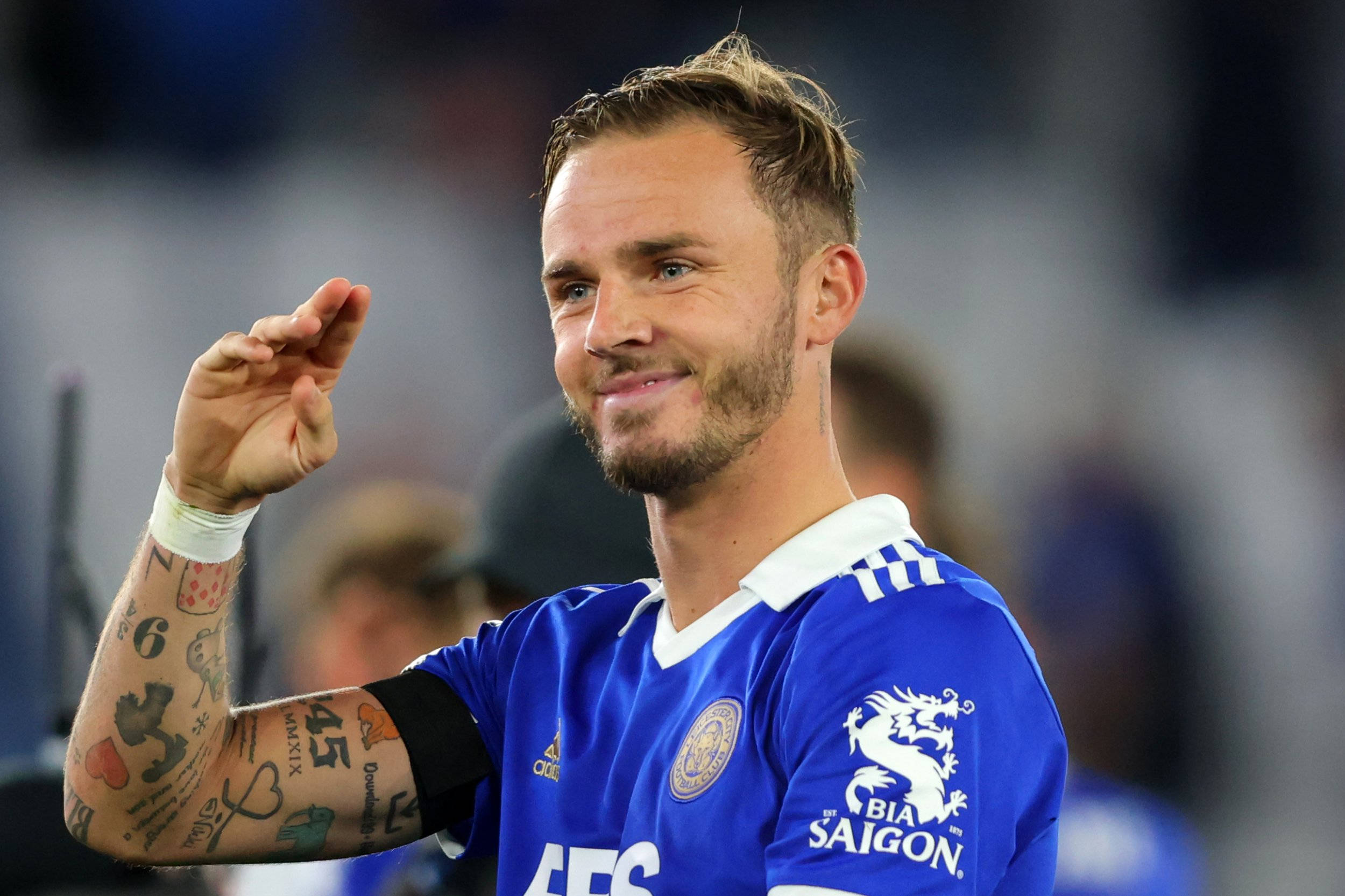 James Maddison, blue jersey, tattooed arms, Full HD Desktop Wallpaper