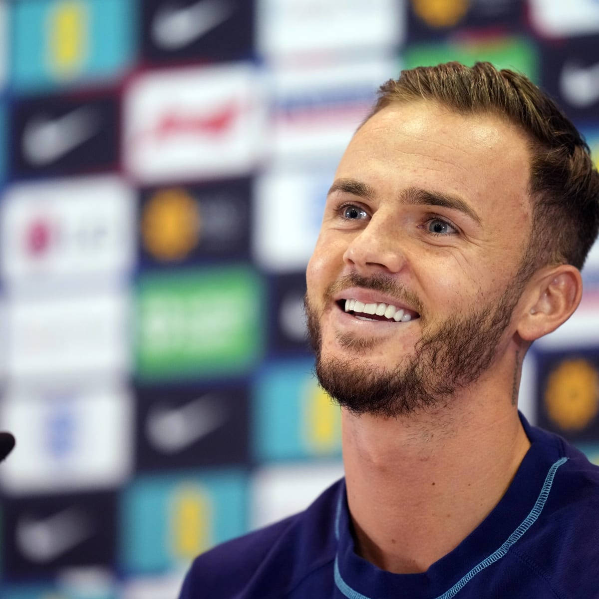 James Maddison, beaming, press conference backdrop, SD Desktop Wallpaper