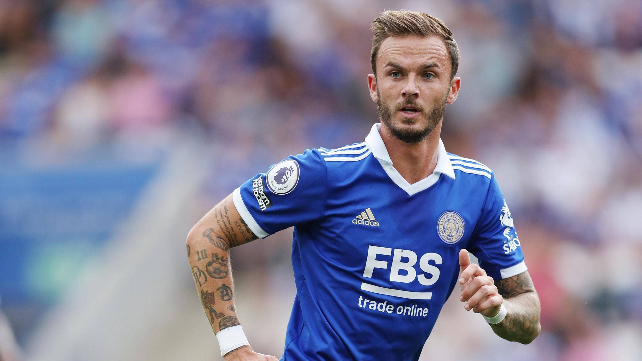 James Maddison, blue Leicester City jersey, sunlit stadium, Full HD Desktop Wallpaper