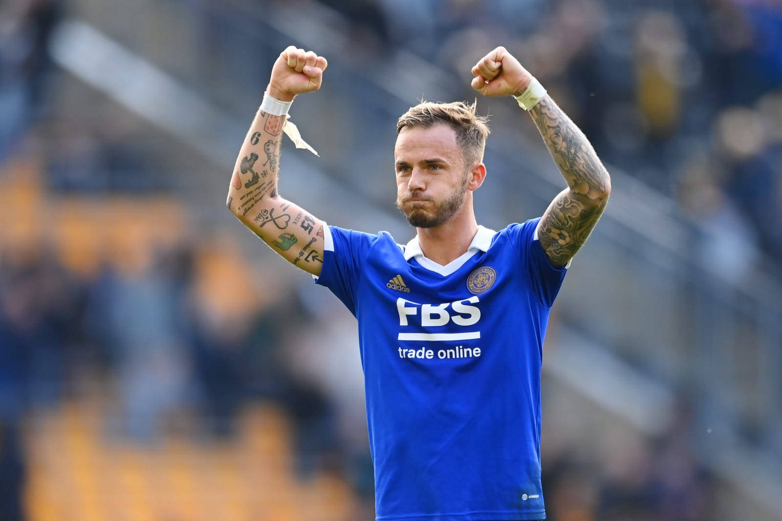 James Maddison, blue jersey, stadium pitch, HD Desktop Wallpaper