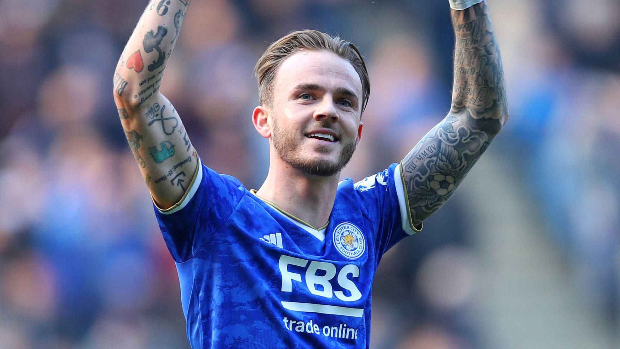 James Maddison, blue Leicester City jersey, tattooed arms, Full HD Desktop Wallpaper