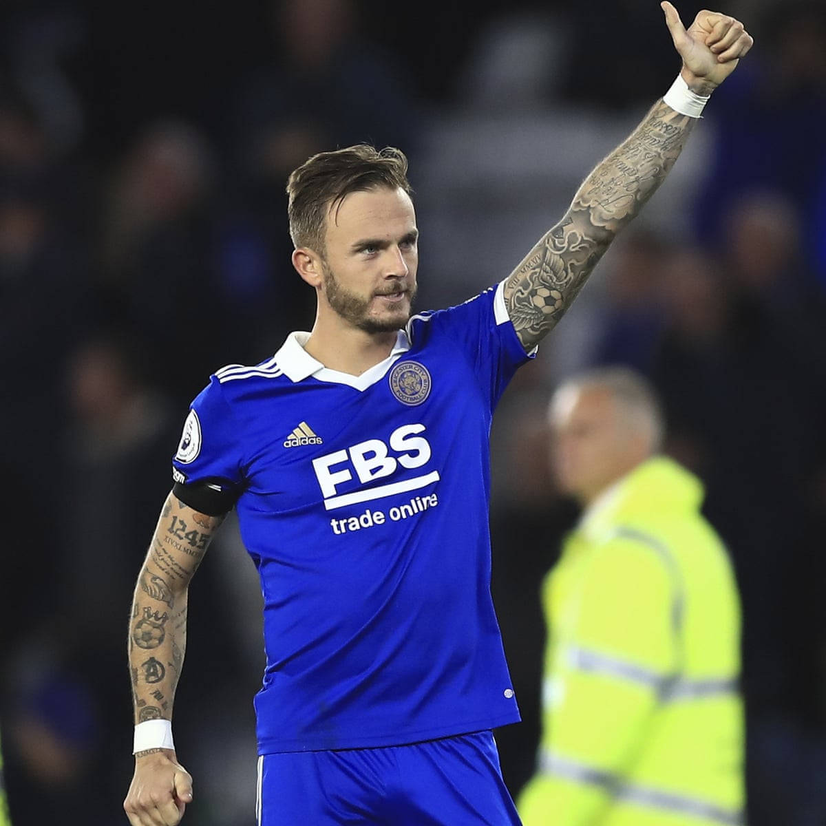 James Maddison, blue Leicester City jersey, stadium lights, SD Desktop Wallpaper