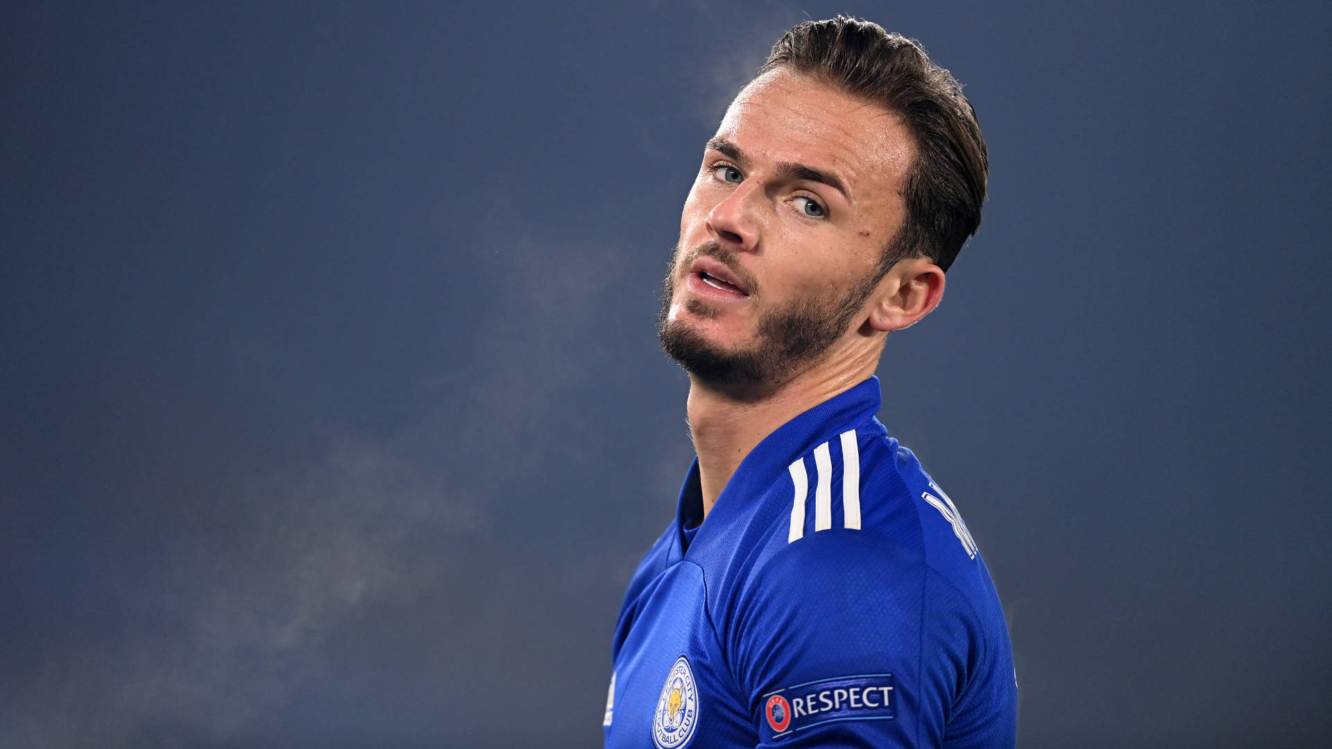 James Maddison, blue jersey, smoky dark blue backdrop, Full HD Desktop Wallpaper