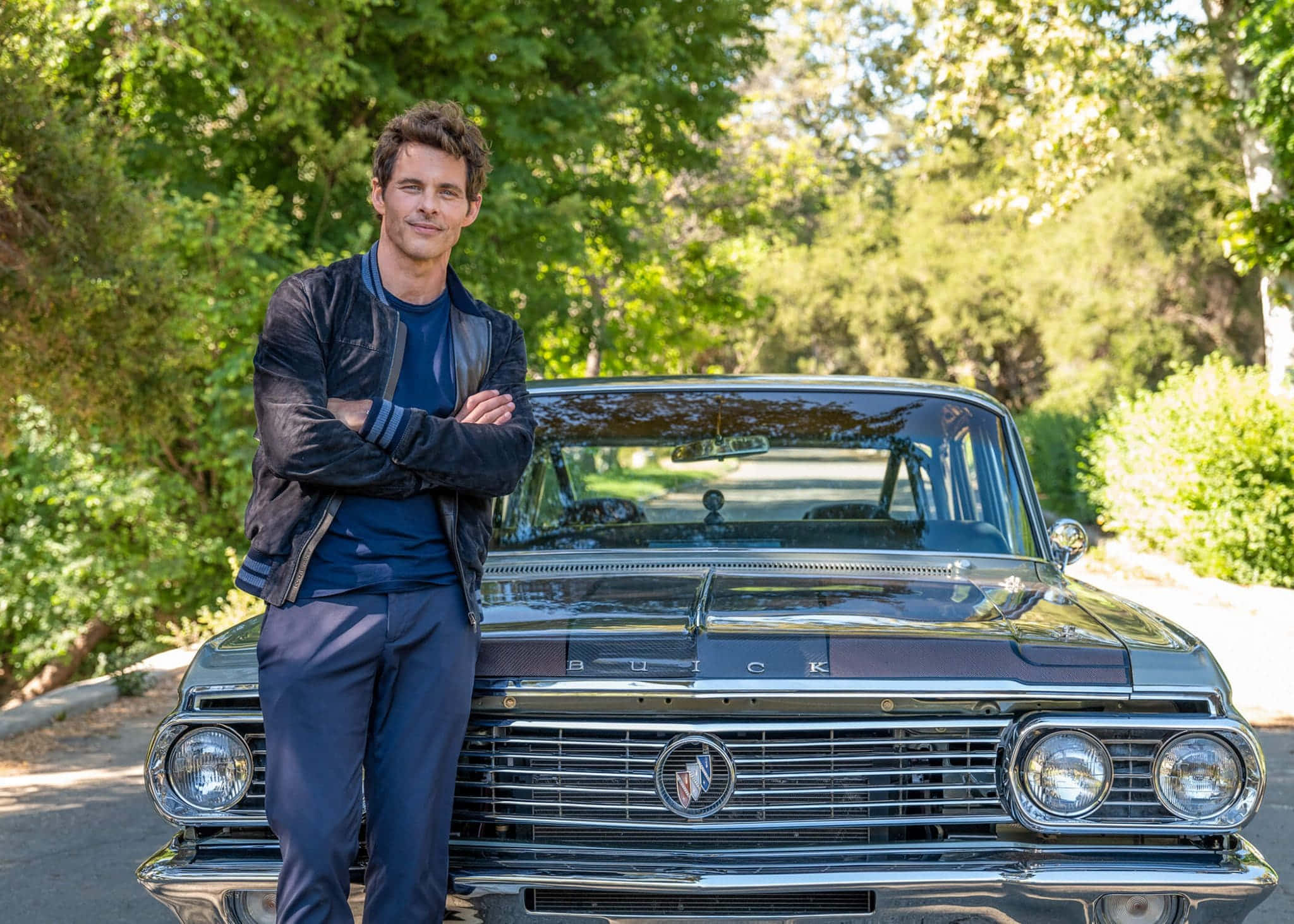 James Marsden, leather jacket, gleaming vintage Buick, Full HD Desktop Wallpaper