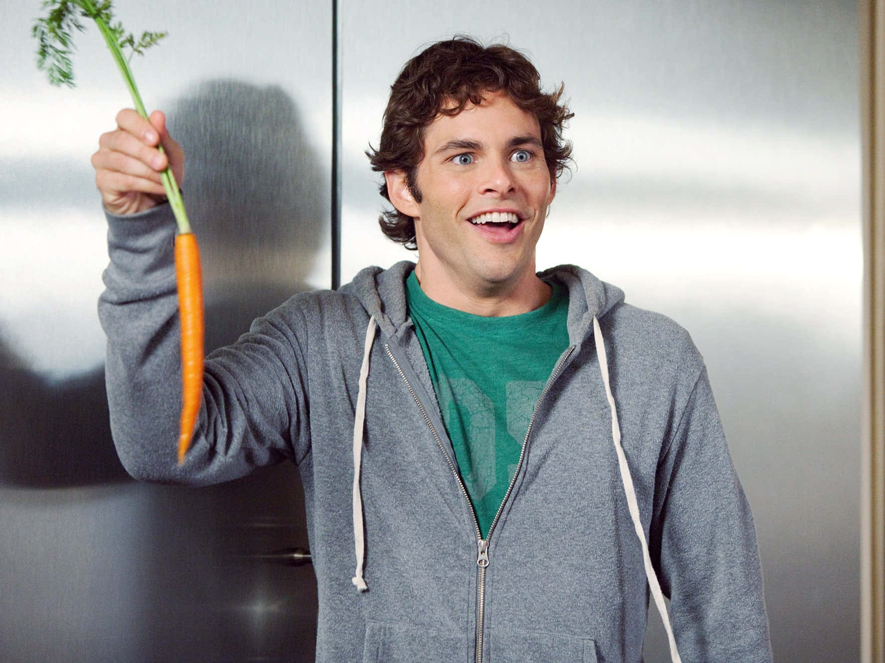 James Marsden, gray hoodie, bright orange carrot, HD Desktop Wallpaper