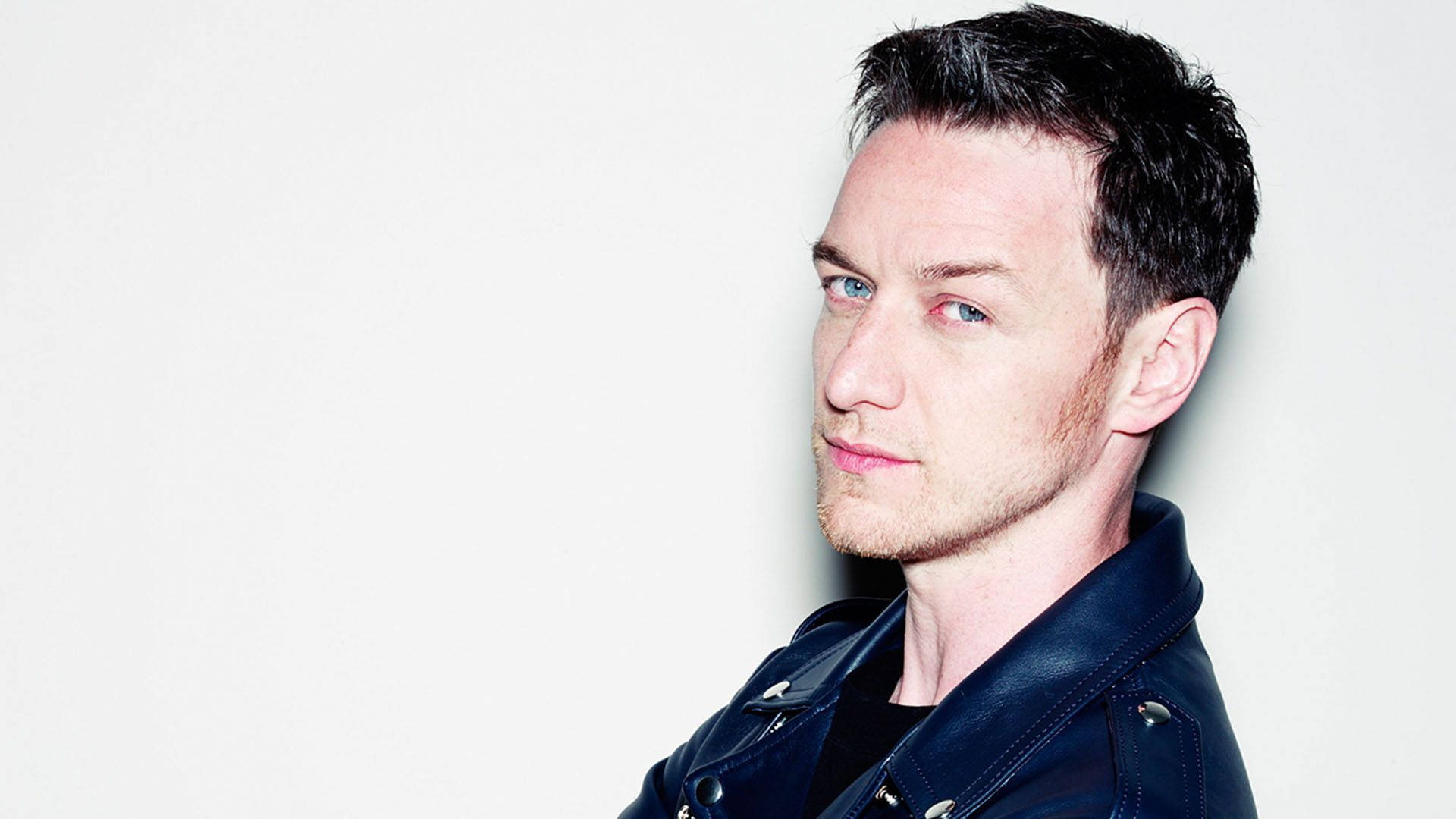 James McAvoy, navy leather jacket, striking blue eyes, Full HD Desktop Wallpaper
