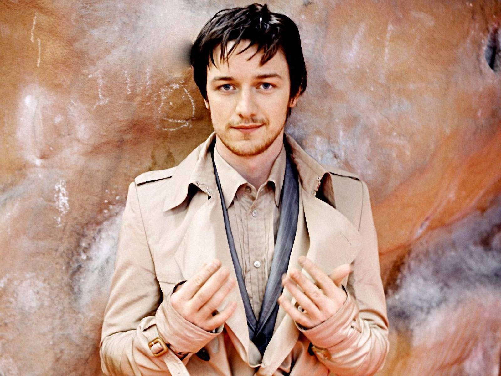 James McAvoy, beige trench coat, textured orange wall, HD Desktop Wallpaper