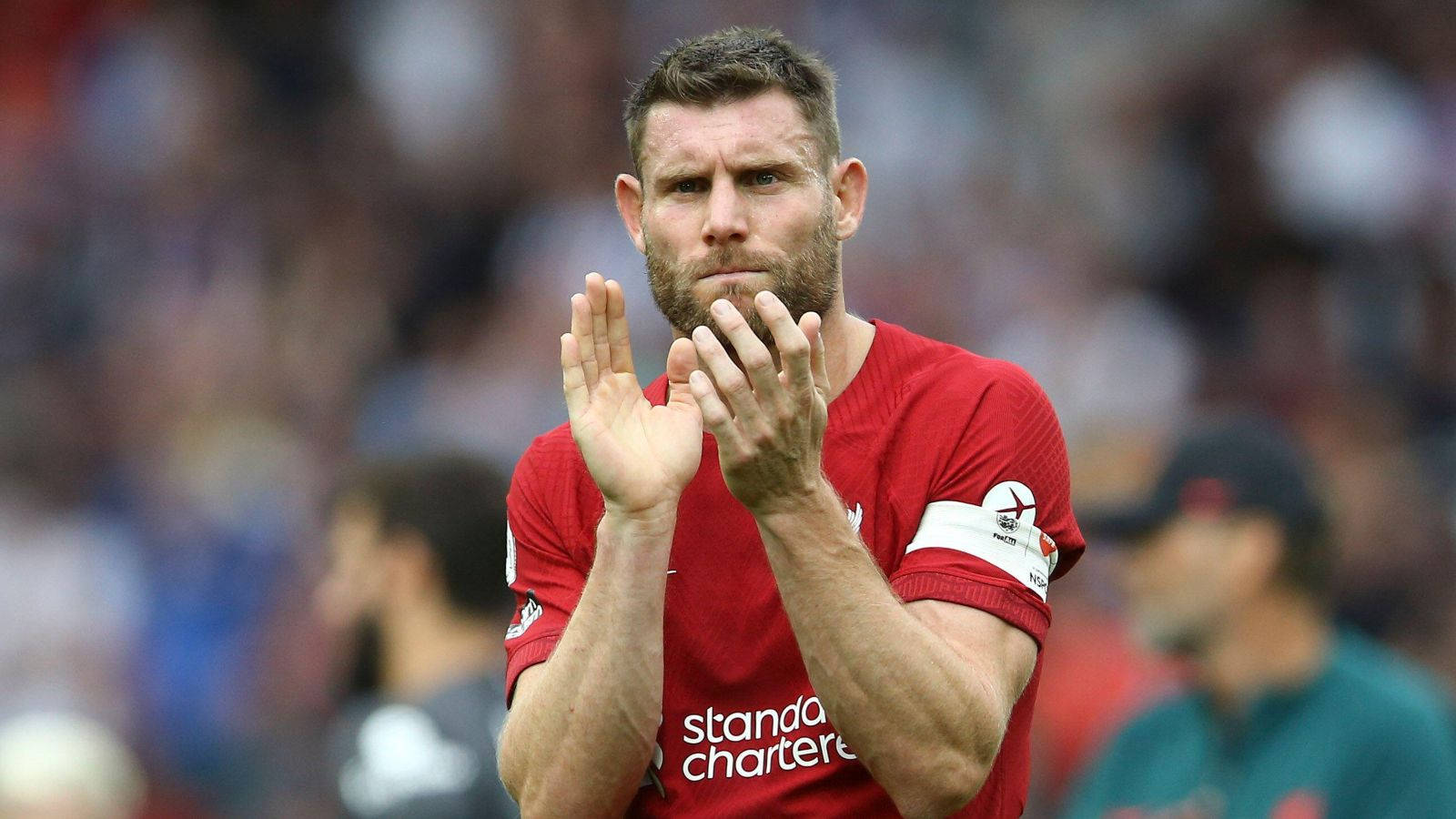 James Milner, red jersey, daytime match, HD Desktop Wallpaper