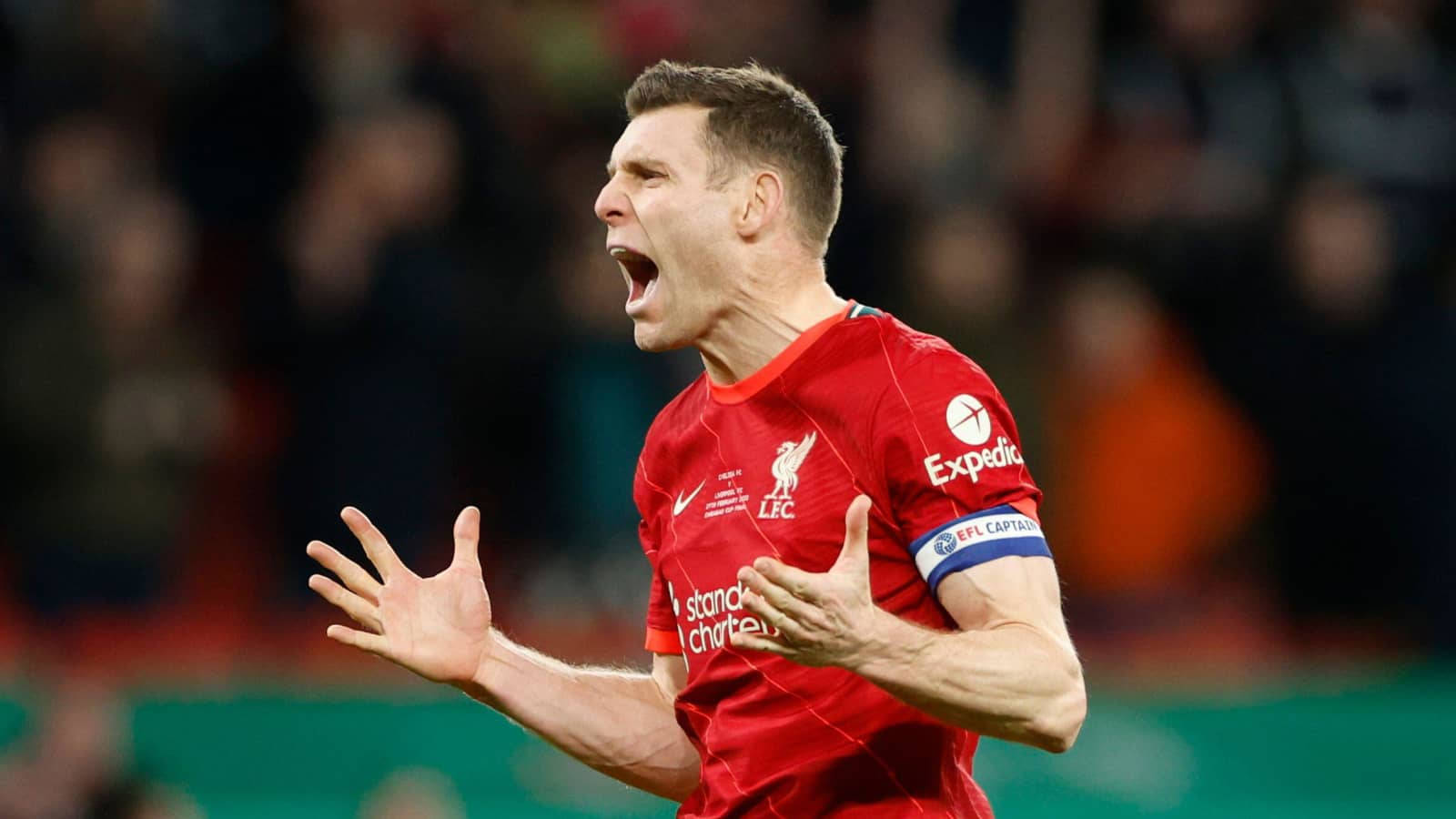 James Milner, red Liverpool jersey, stadium lights, HD Desktop Wallpaper
