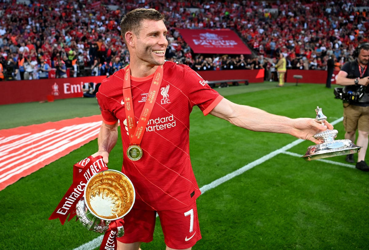 James Milner, red Liverpool kit, two trophies, SD Desktop Wallpaper