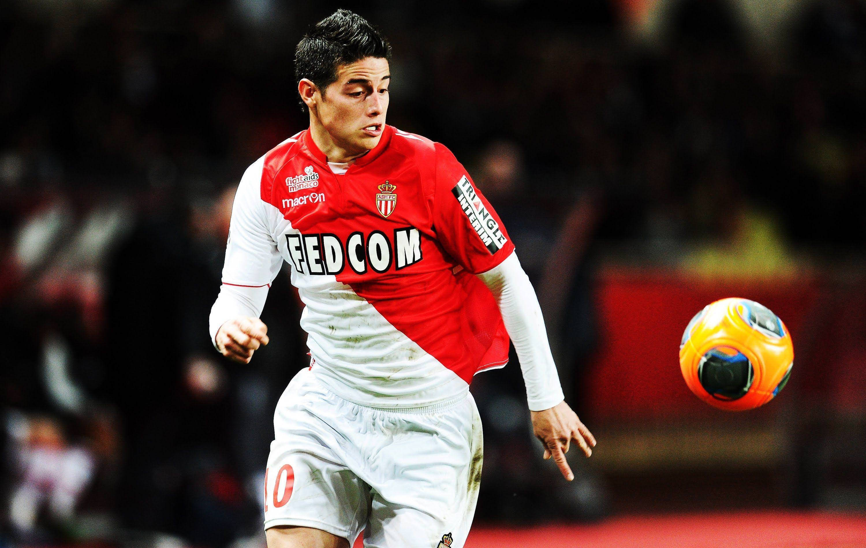 James Rodriguez, red and white jersey, colorful ball, 2K Desktop Wallpaper