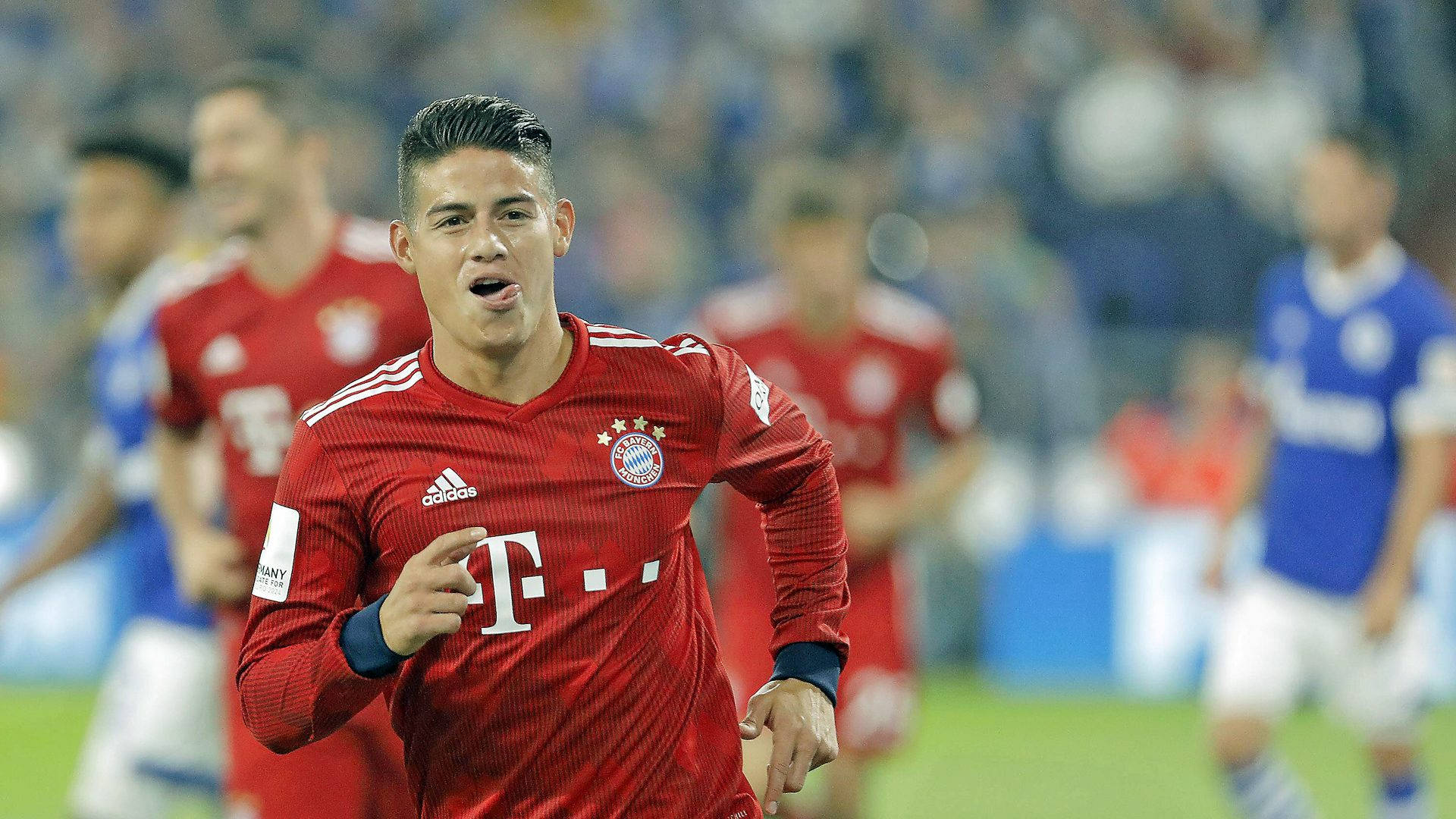 James Rodriguez, red Bayern Munich jersey, stadium field, Full HD Desktop Wallpaper