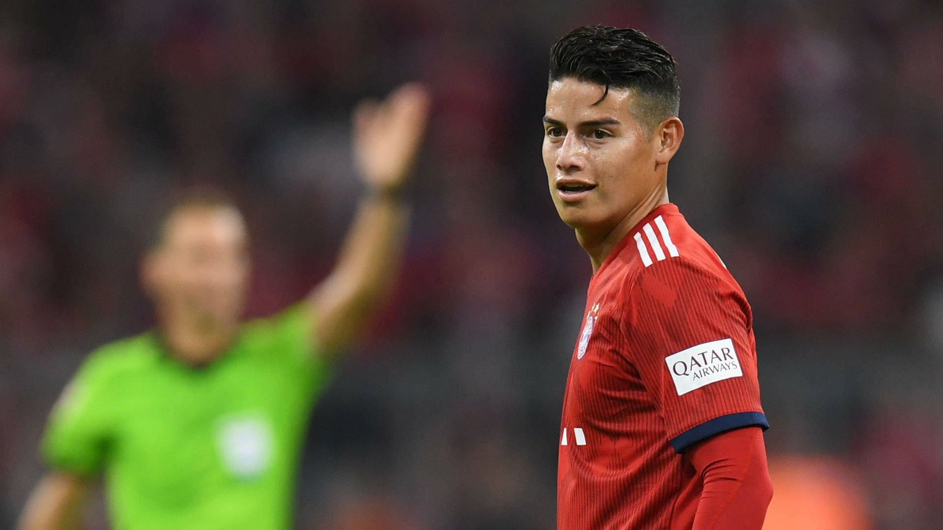 James Rodriguez, red jersey, referee in green, Full HD Desktop Wallpaper