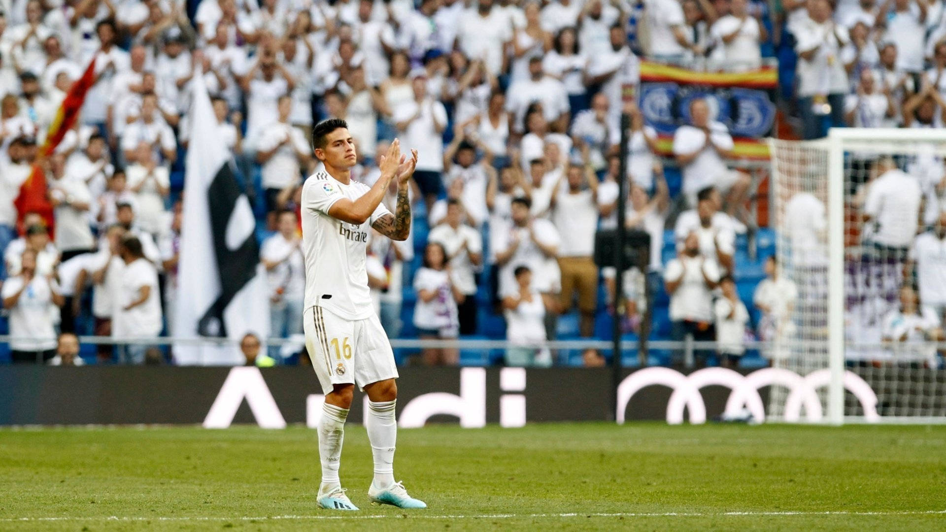 James Rodriguez, white jersey, green pitch, Full HD Desktop Wallpaper