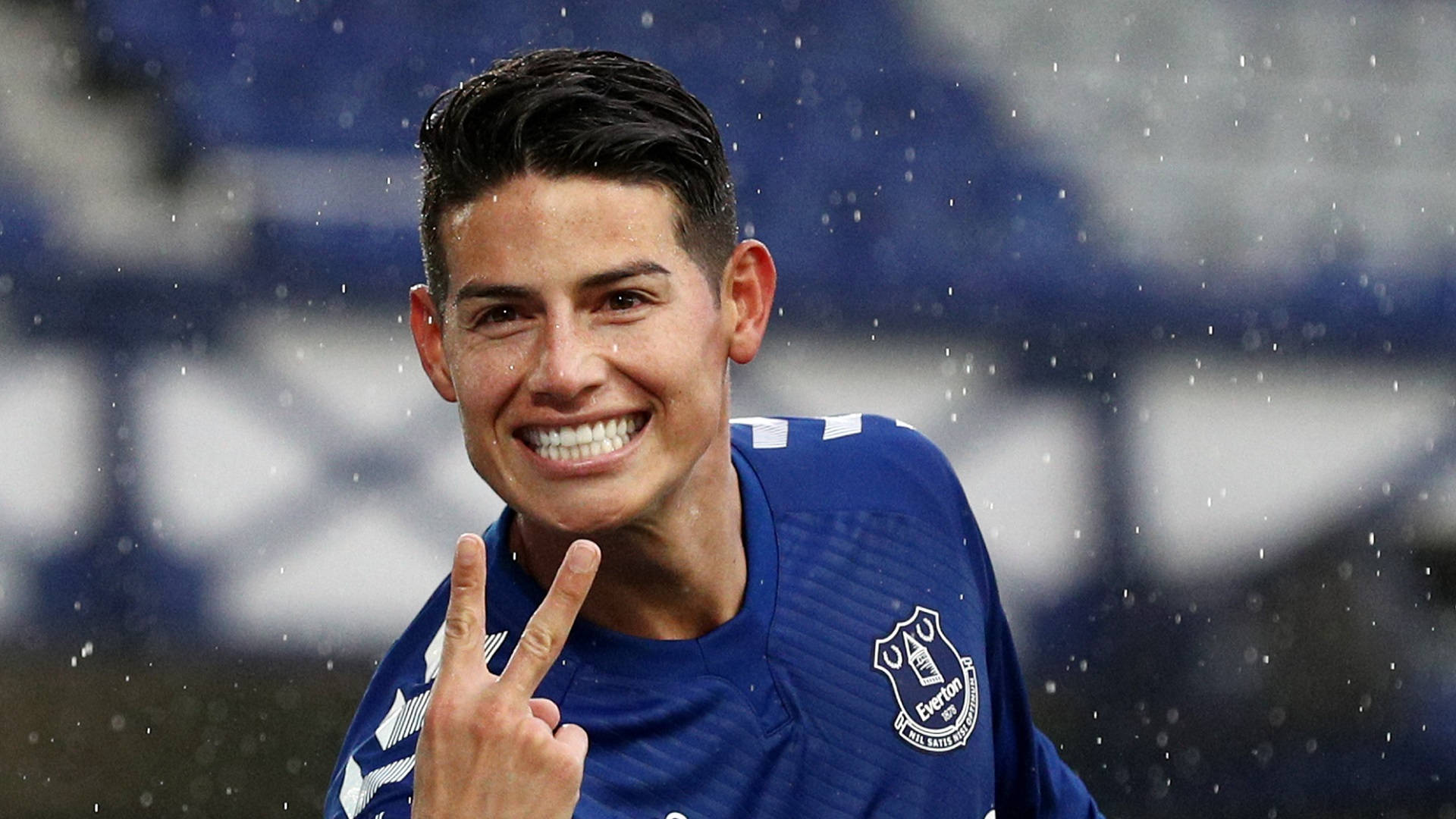 James Rodriguez, blue Everton jersey, peace sign, Full HD Desktop Wallpaper