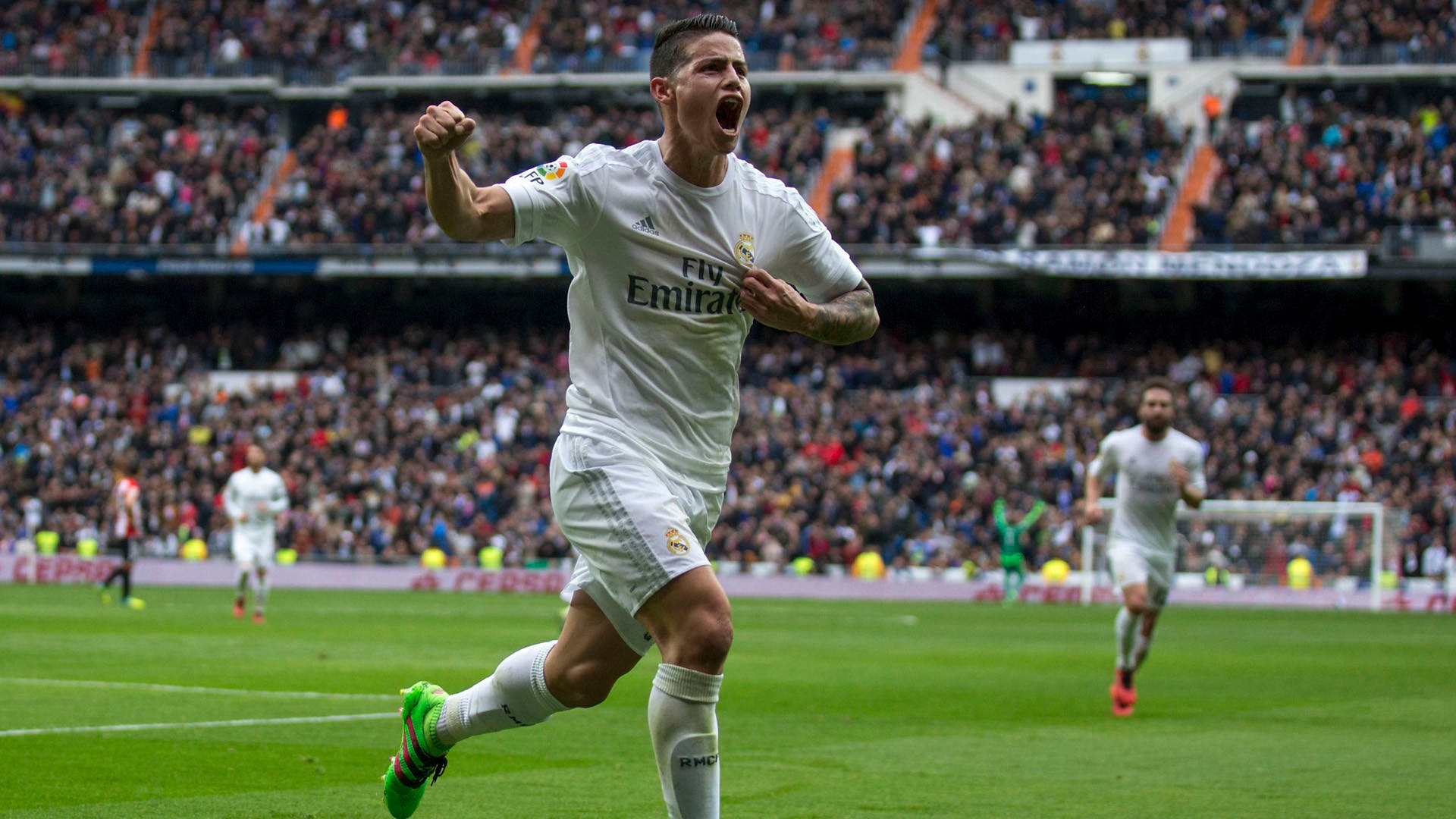 James Rodriguez, white jersey, vibrant green pitch, Full HD Desktop Wallpaper