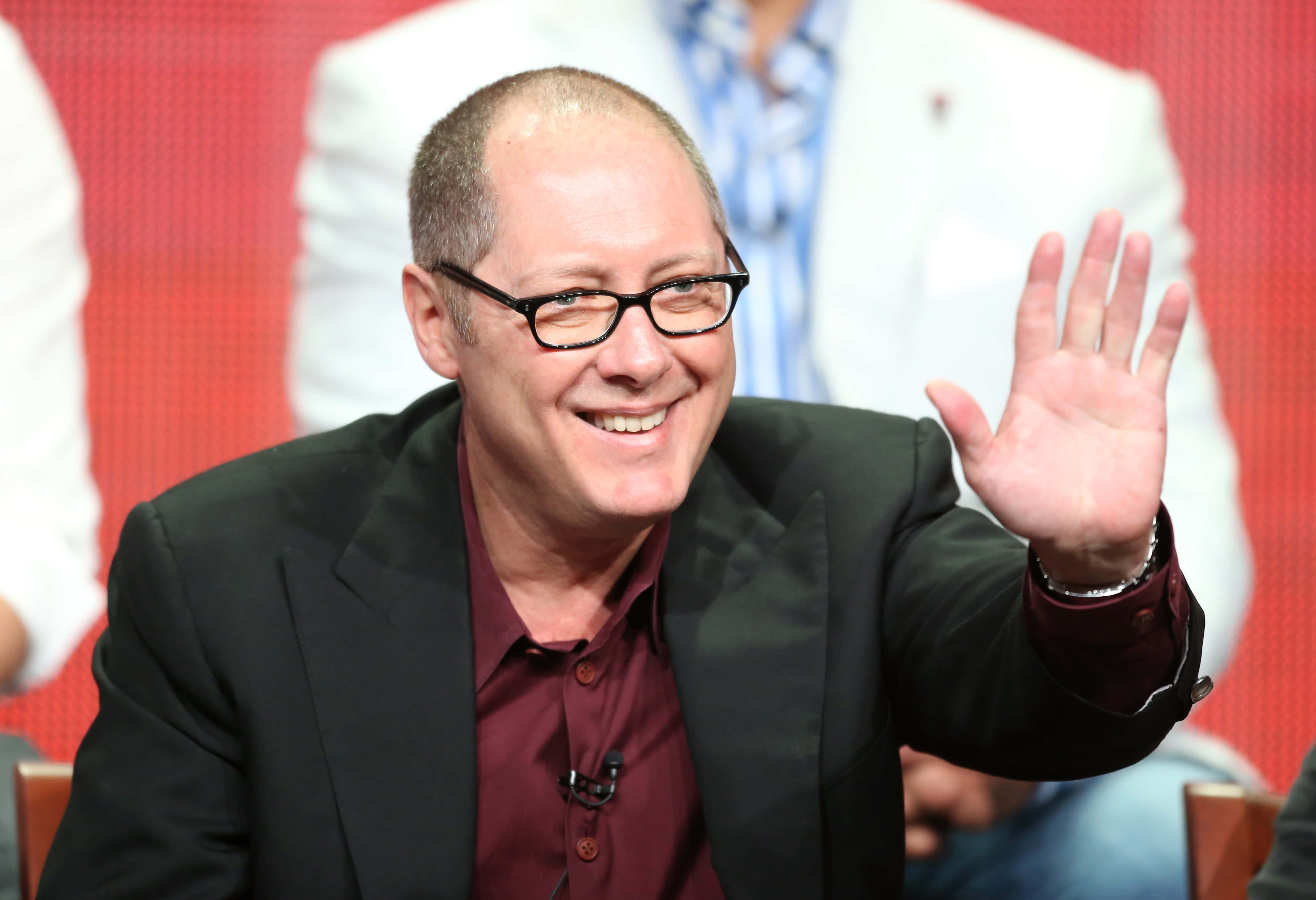 james spader, red backdrop, glasses, 4K Desktop Wallpaper