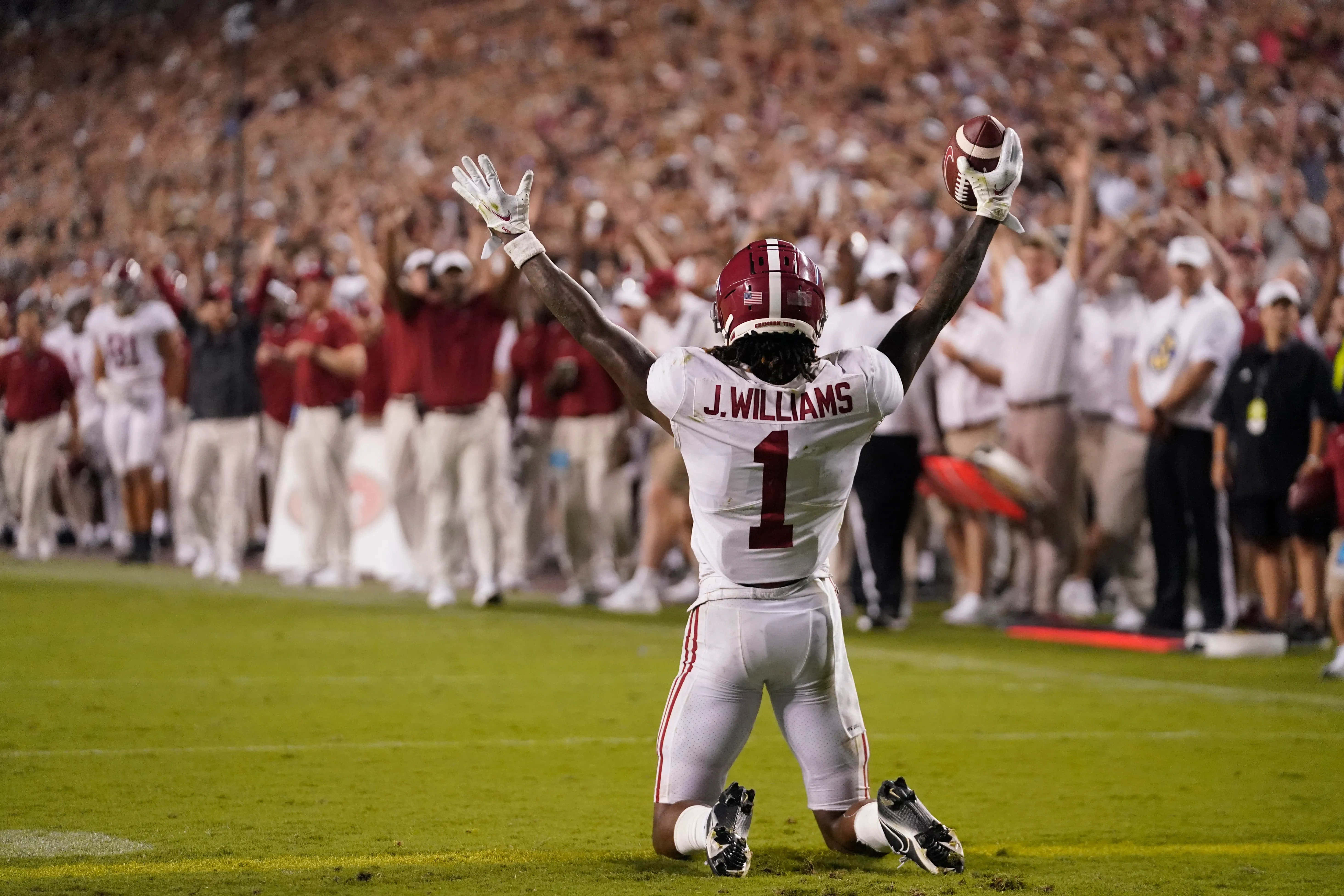 Jameson Williams, white and crimson uniform, grass, 5K Desktop Wallpaper