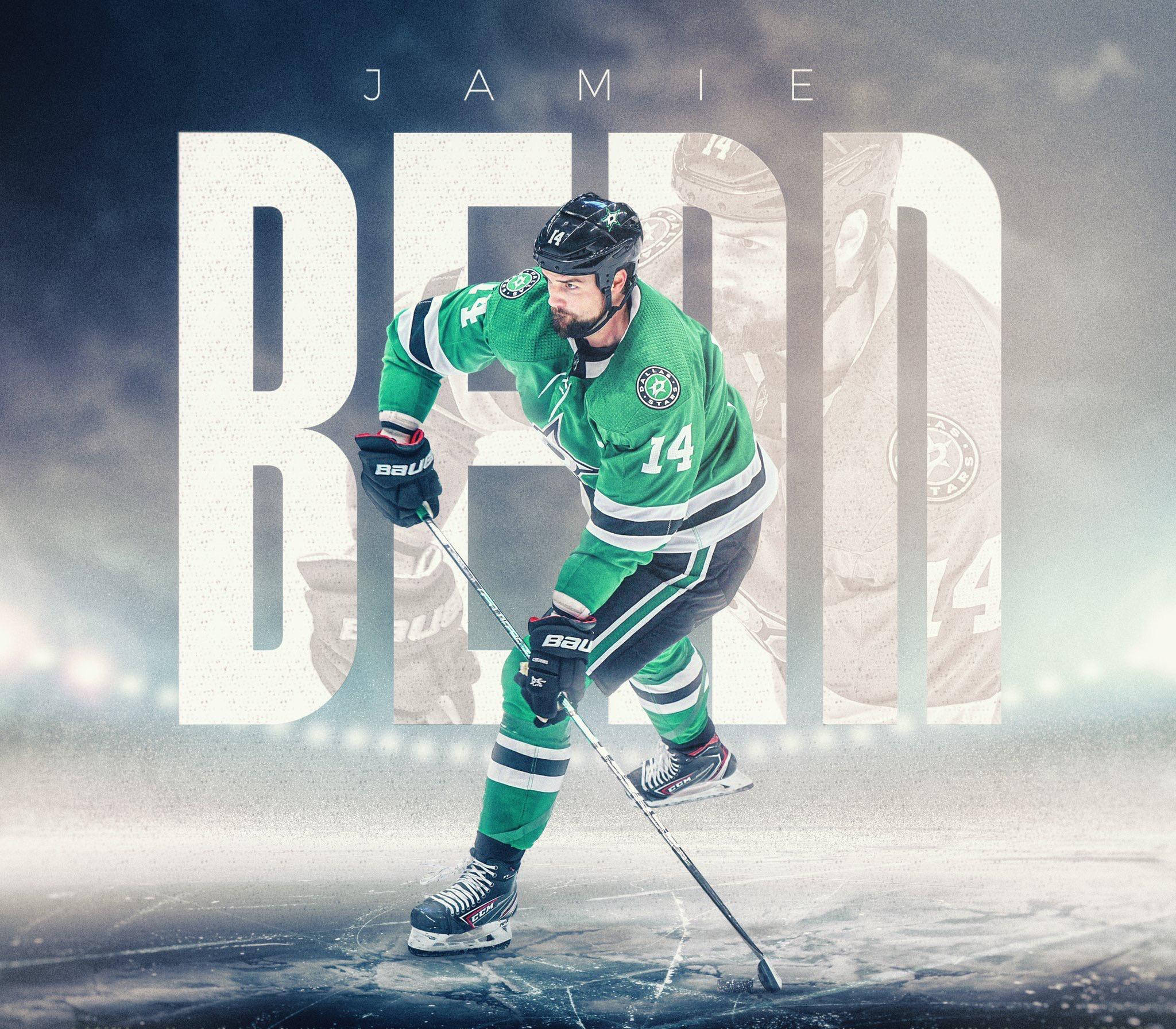 Jamie Benn, green jersey number 14, skating on ice, Full HD Desktop Wallpaper