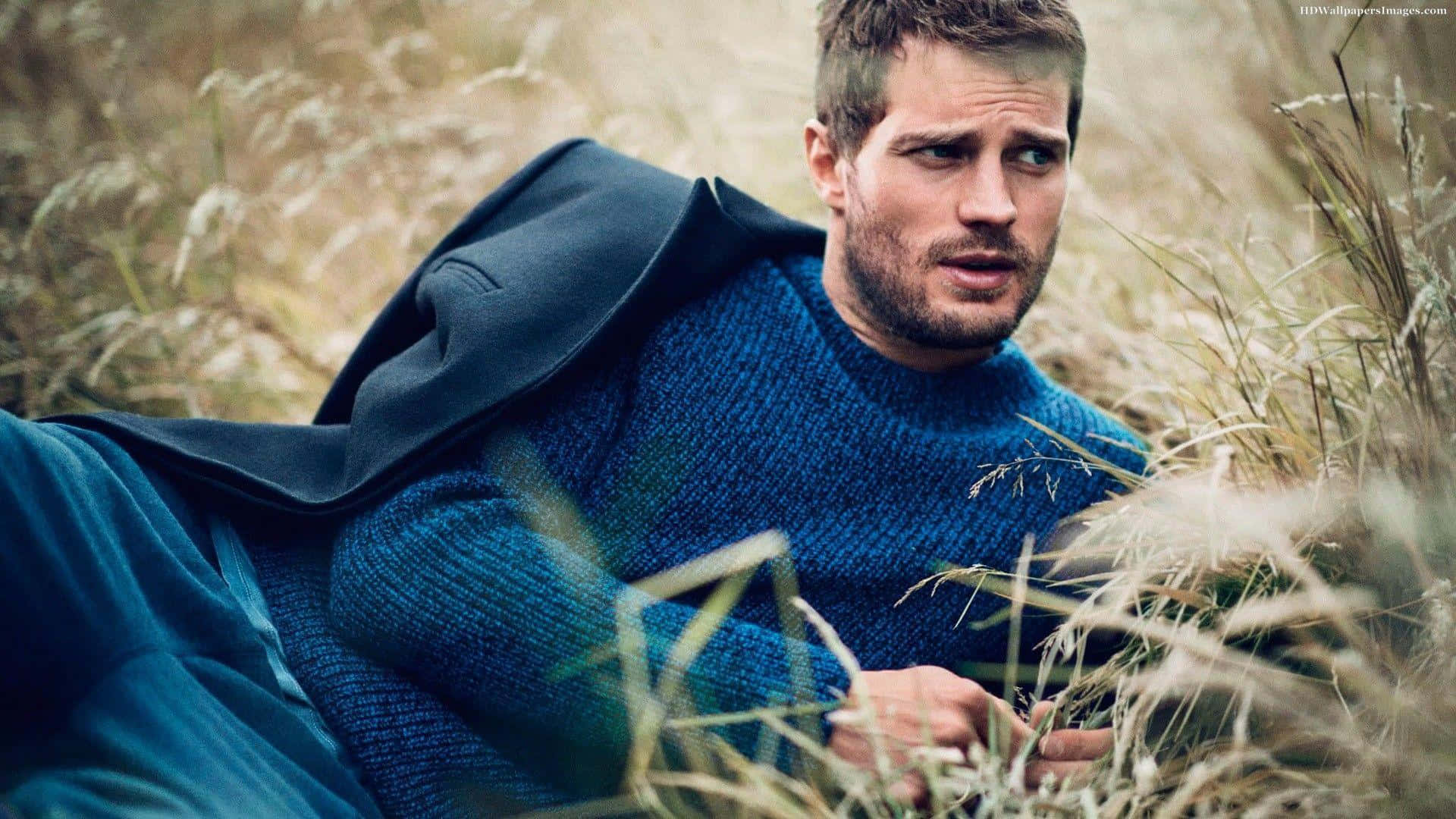 Jamie Dornan, blue sweater, dark coat, Full HD Desktop Wallpaper