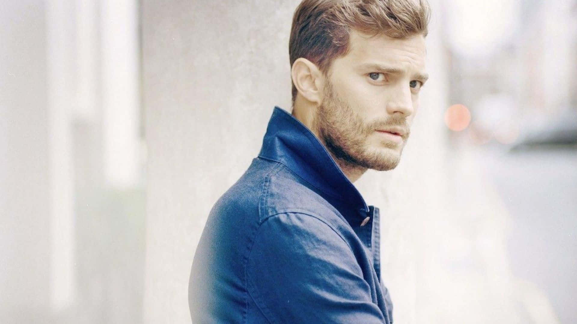 Jamie Dornan, blue shirt, urban background, Full HD Desktop Wallpaper
