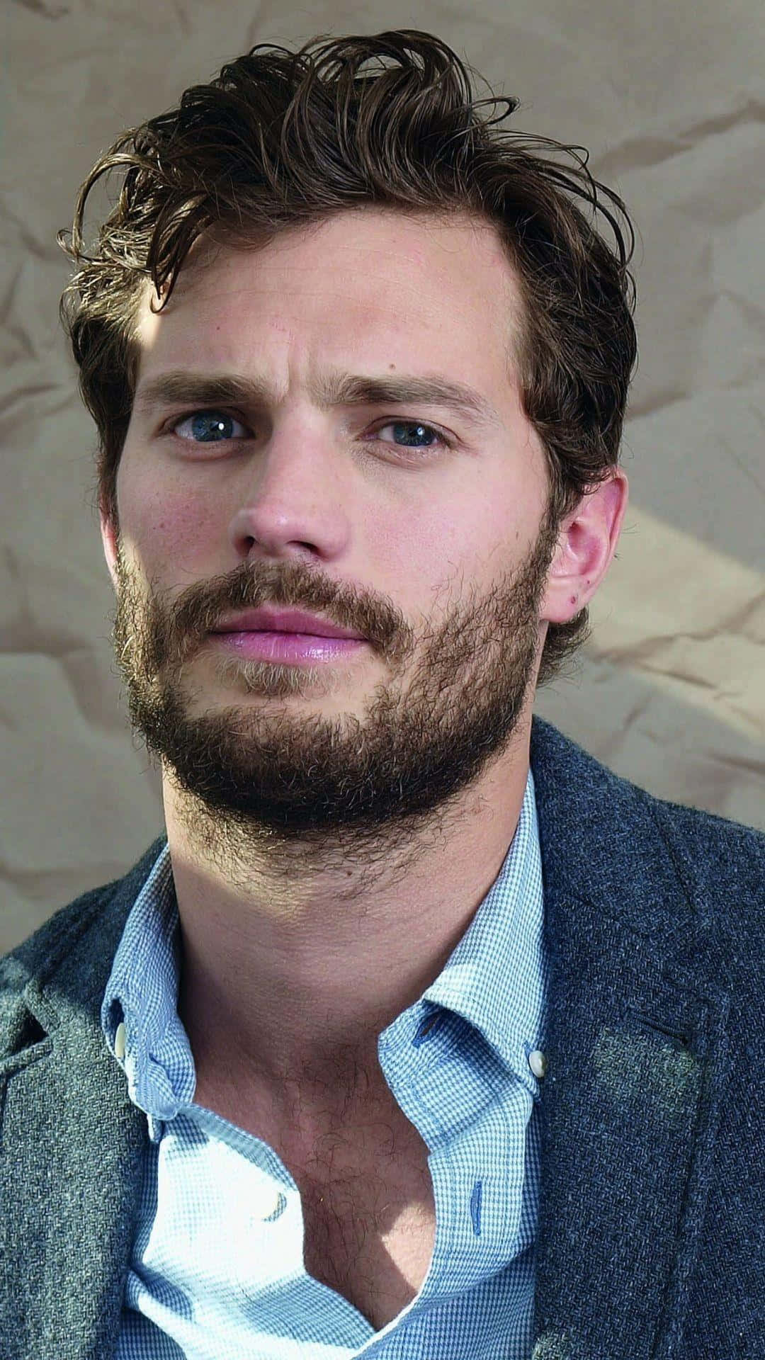 Jamie Dornan, blue shirt, gray blazer, Full HD Phone Wallpaper