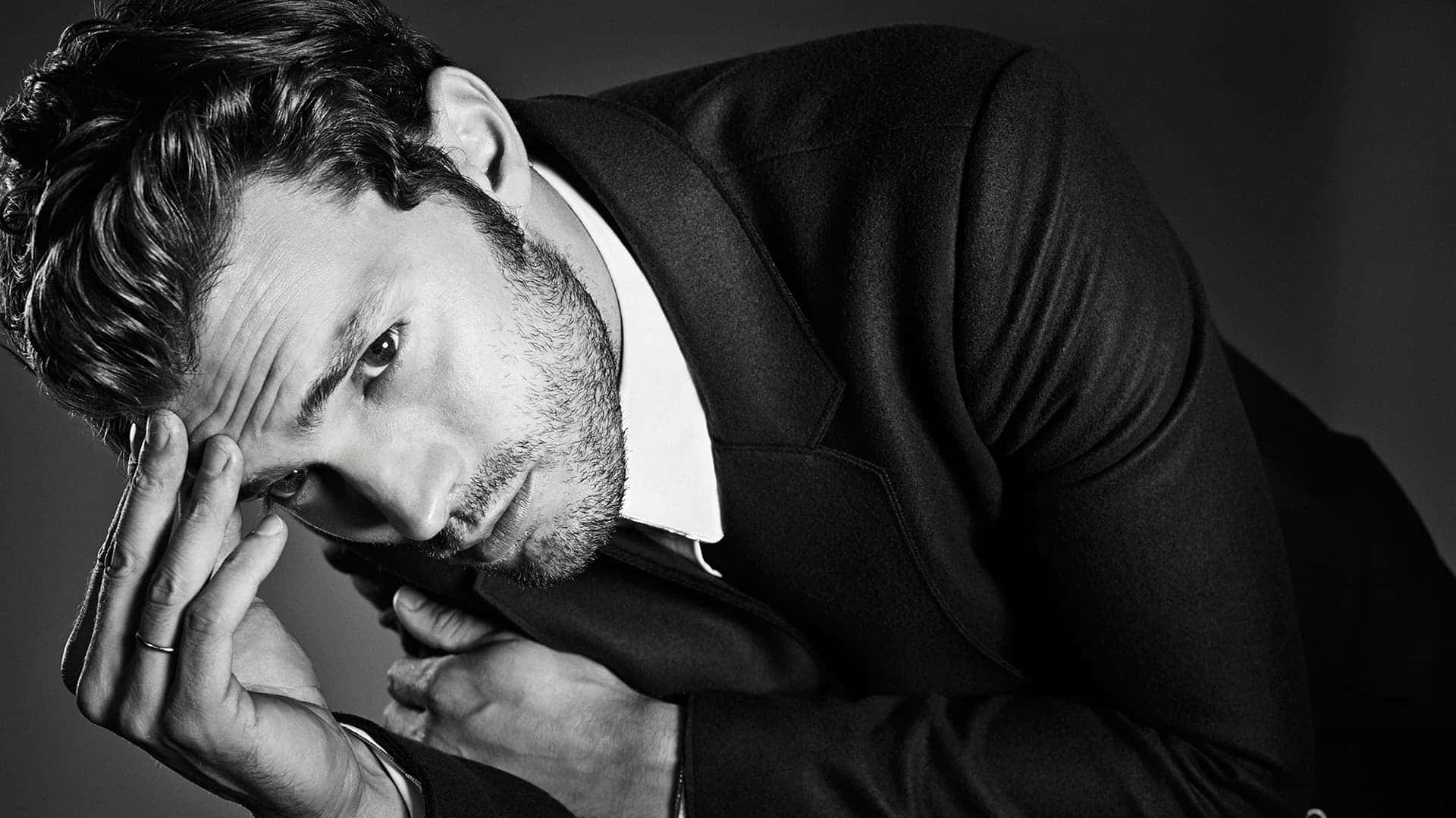 Jamie Dornan, suit, hand on forehead, Full HD Desktop Wallpaper