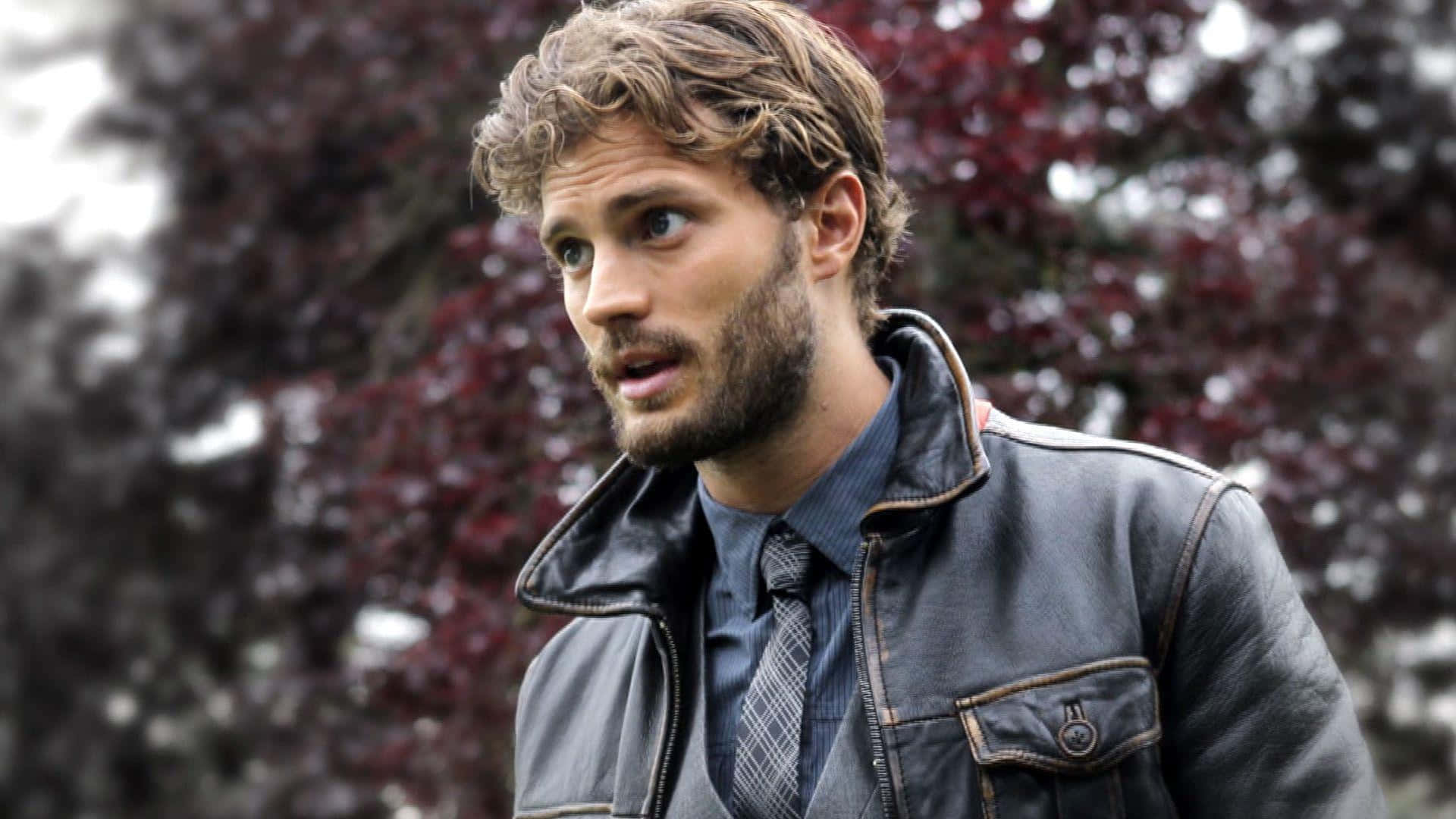 Jamie Dornan, leather jacket, shirt and tie, Full HD Desktop Wallpaper