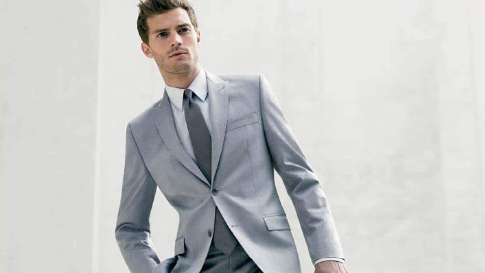 Jamie Dornan, light gray suit, minimalist white wall, Full HD Desktop Wallpaper