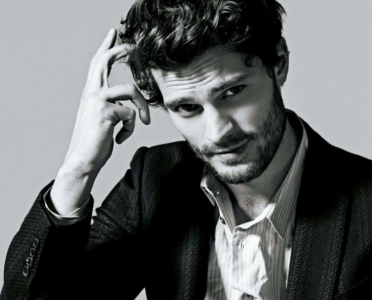 Jamie Dornan, black and white portrait, tousled hair, HD Desktop Wallpaper
