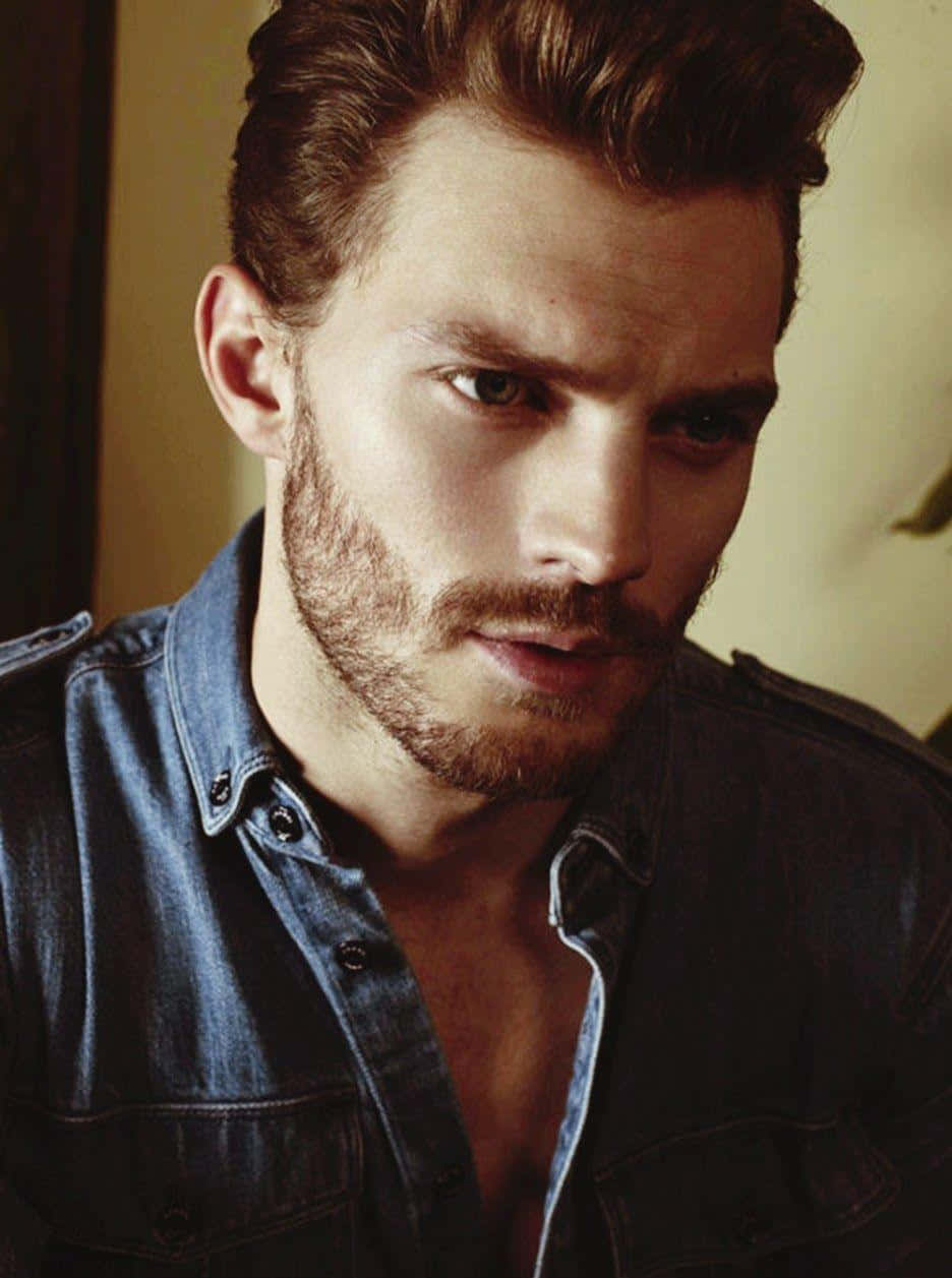 Jamie Dornan, denim shirt, styled brown hair, SD Phone Wallpaper