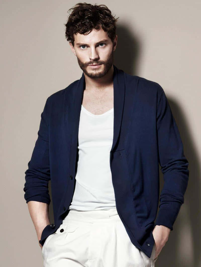Jamie Dornan, navy cardigan, white tee, SD Phone Wallpaper