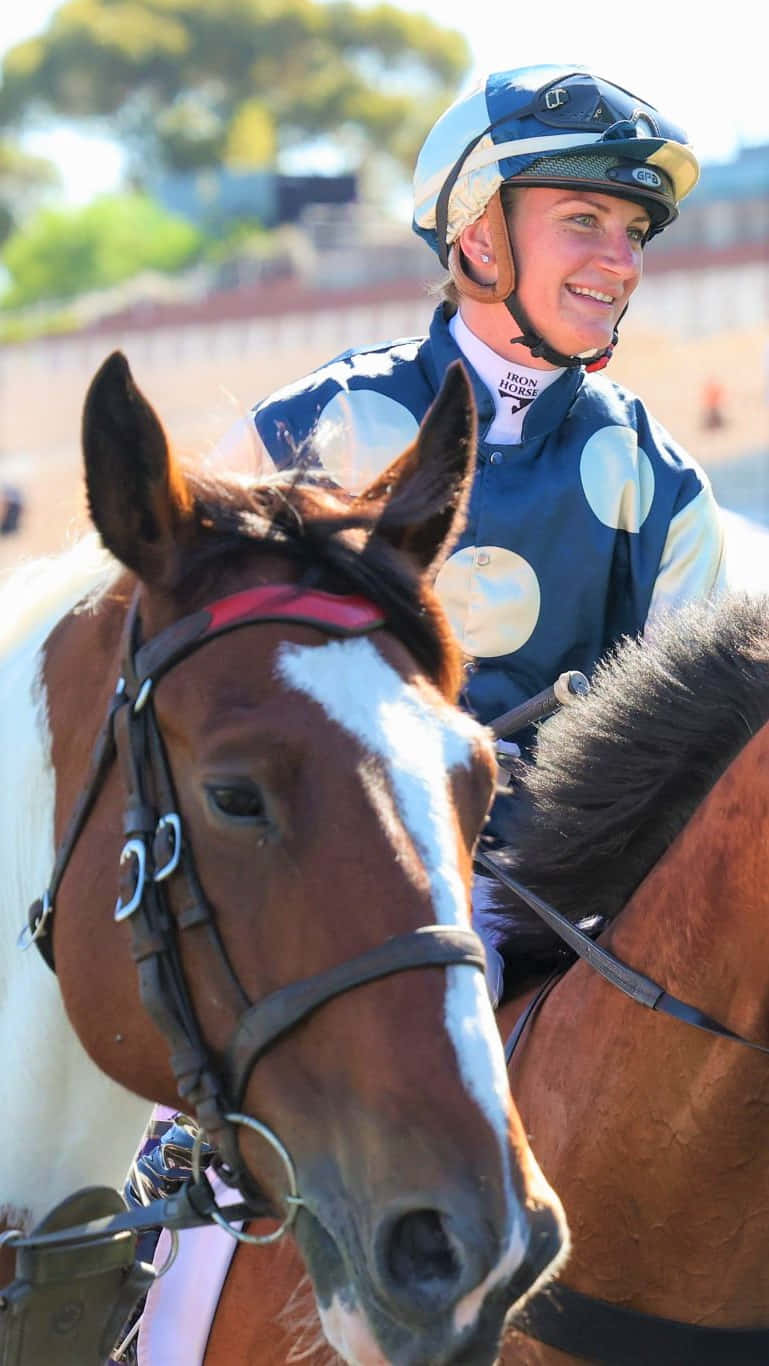 Jamie Kah, blue and white silks, brown horse, HD Phone Wallpaper