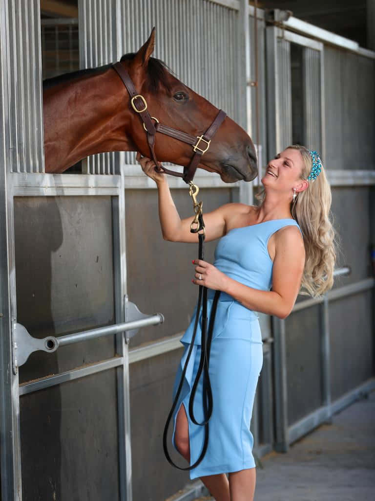 Jamie Kah, light blue dress, brown horse, SD Phone Wallpaper