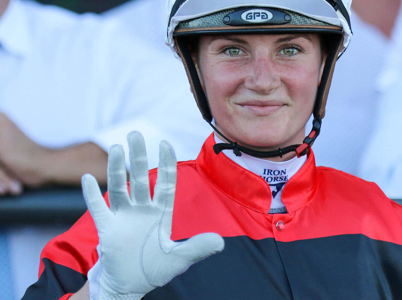 Jamie Kah, red and black racing silks, white helmet, HD Desktop Wallpaper