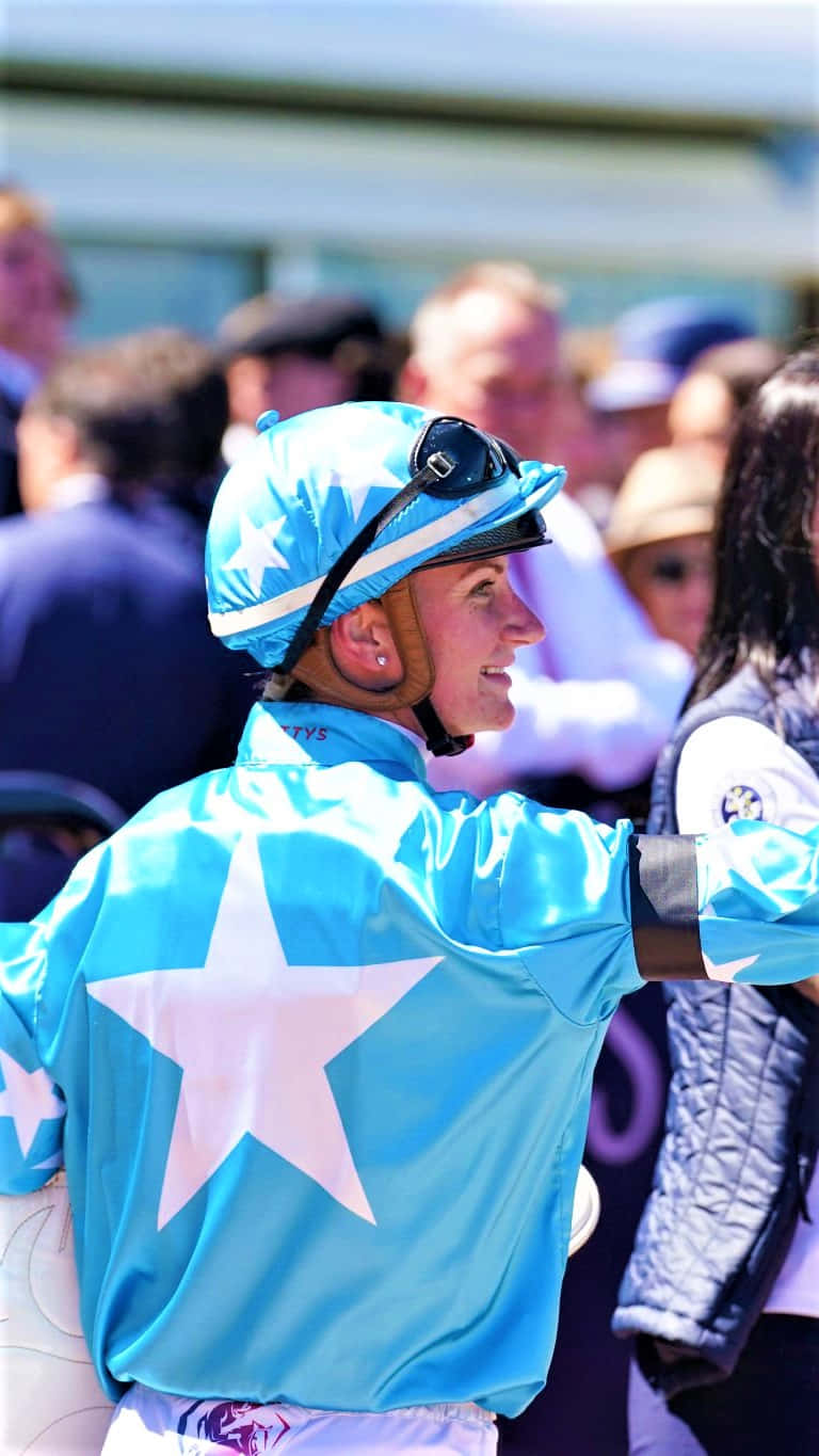 Jamie Kah, bright blue star-patterned silks, sunny racetrack, HD Phone Wallpaper