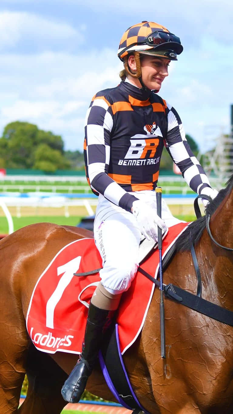 Jamie Kah, black orange and white striped silks, brown racehorse, HD Phone Wallpaper