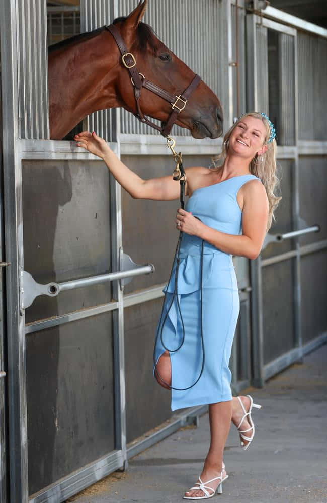 Jamie Kah, light blue dress, brown horse, SD Phone Wallpaper