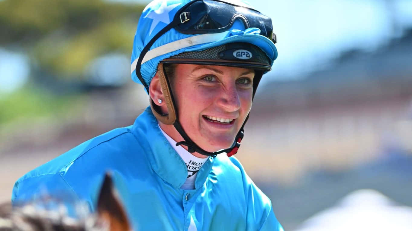 Jamie Kah, bright blue helmet, racing silks, HD Desktop Wallpaper