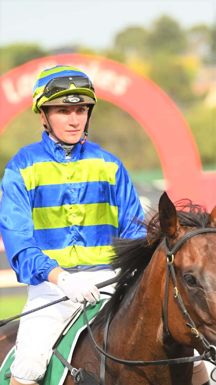 Jamie Kah, blue and lime green silks, brown racehorse, HD Phone Wallpaper