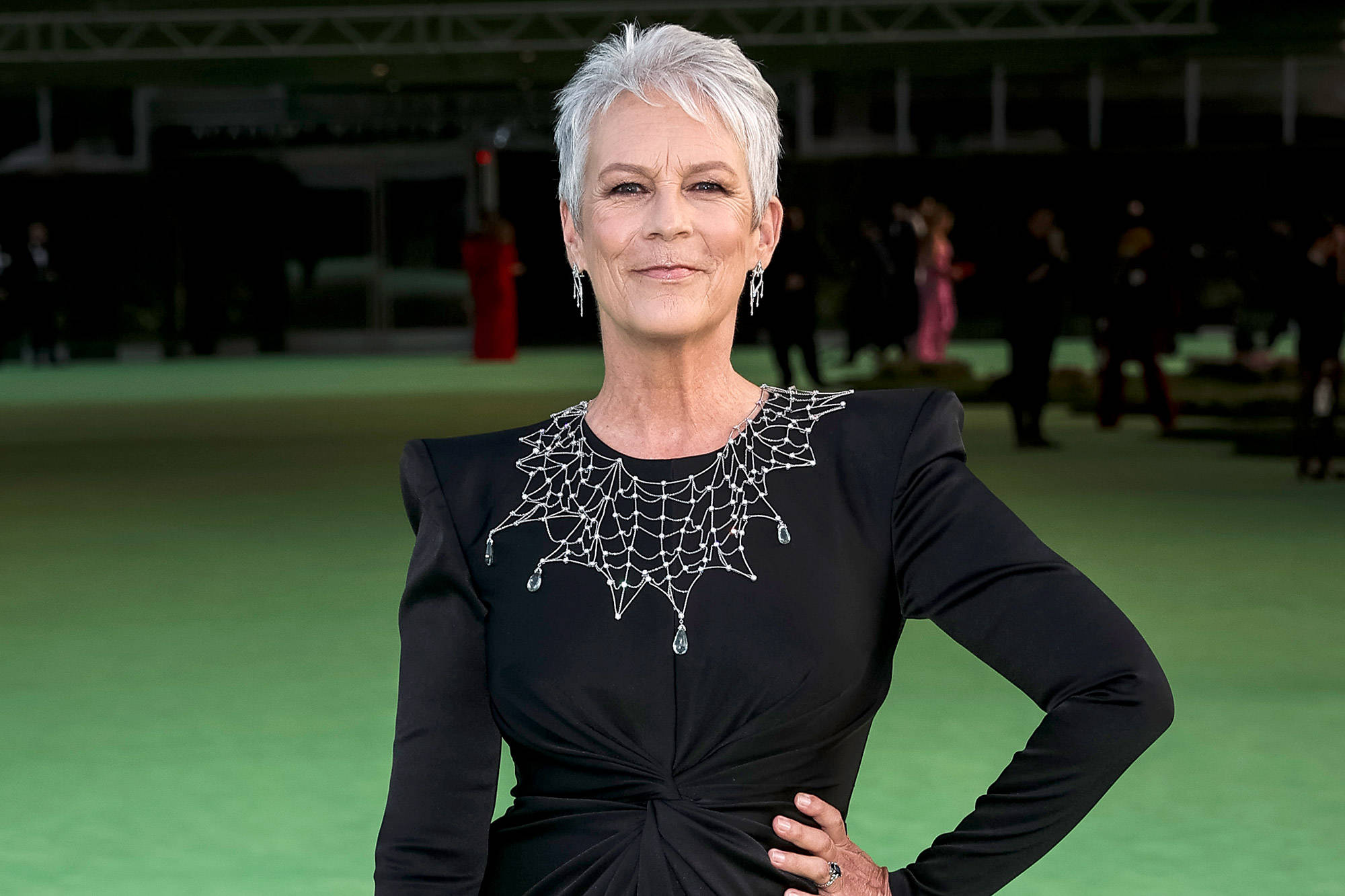 Jamie Lee Curtis, black dress, spiderweb diamond necklace, Full HD Desktop Wallpaper