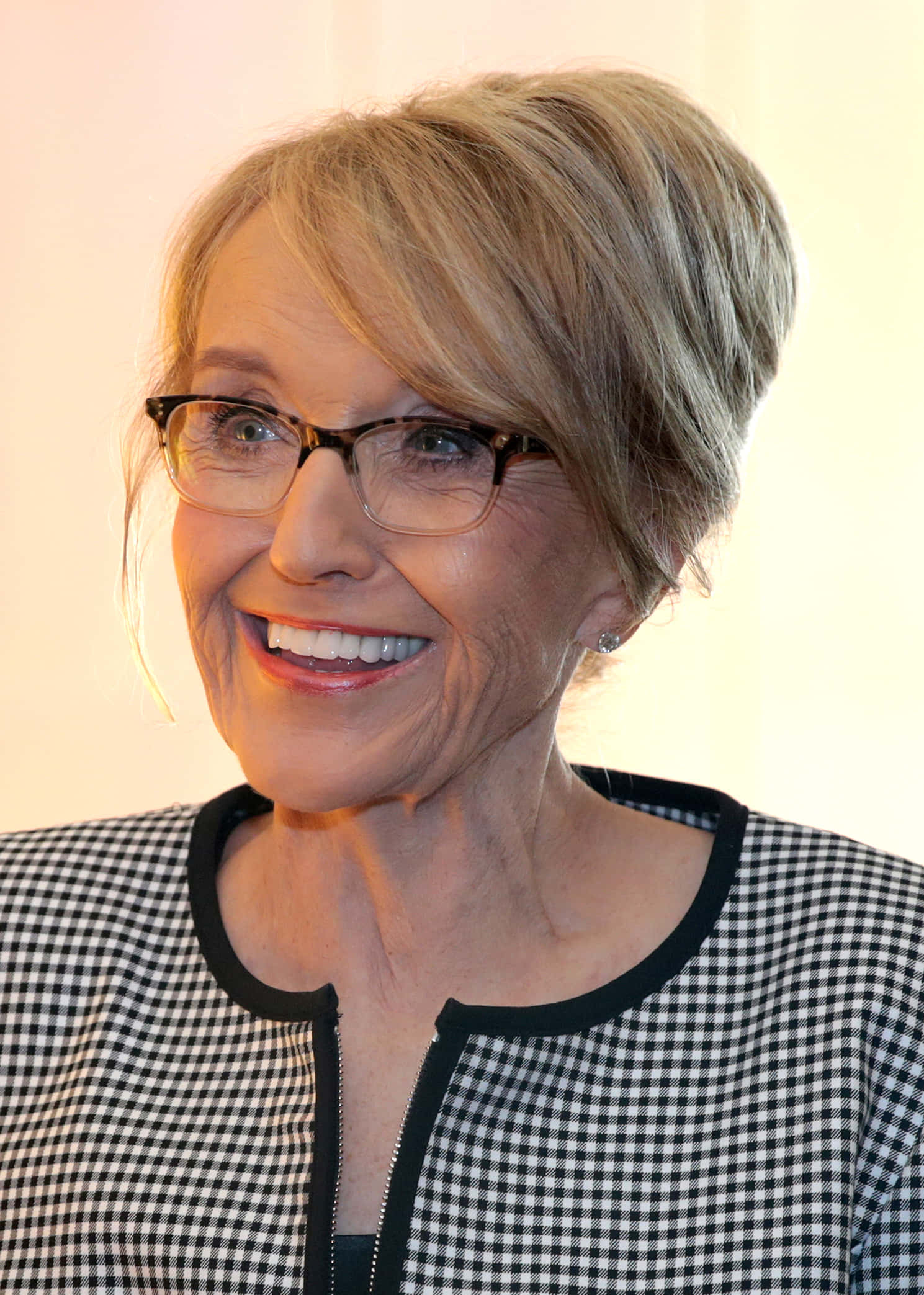 Jan Brewer, black and white checkered top, short blonde hair, Full HD Phone Wallpaper