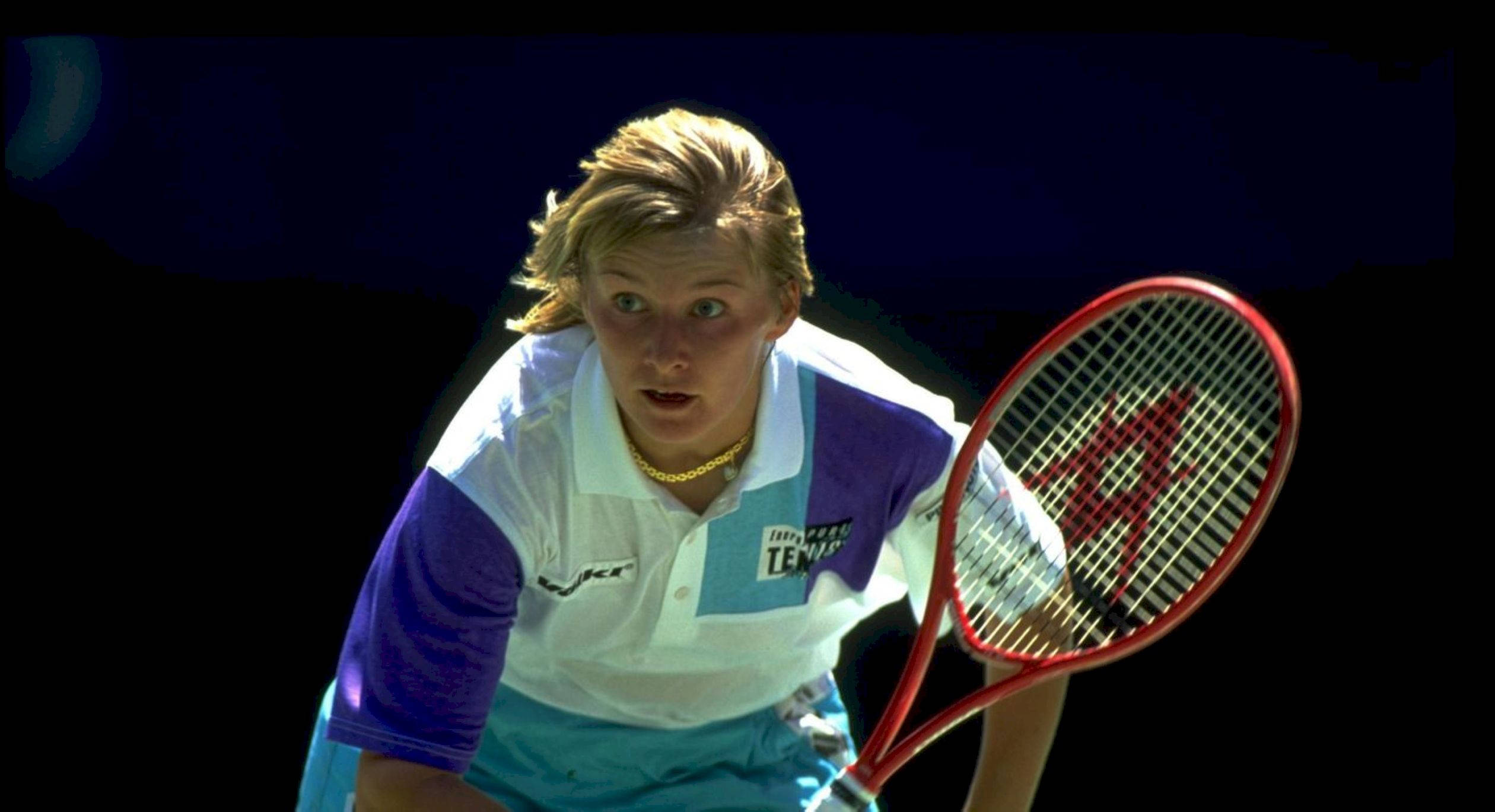 Jana Novotna, white and purple shirt, red racket, Full HD Desktop Wallpaper