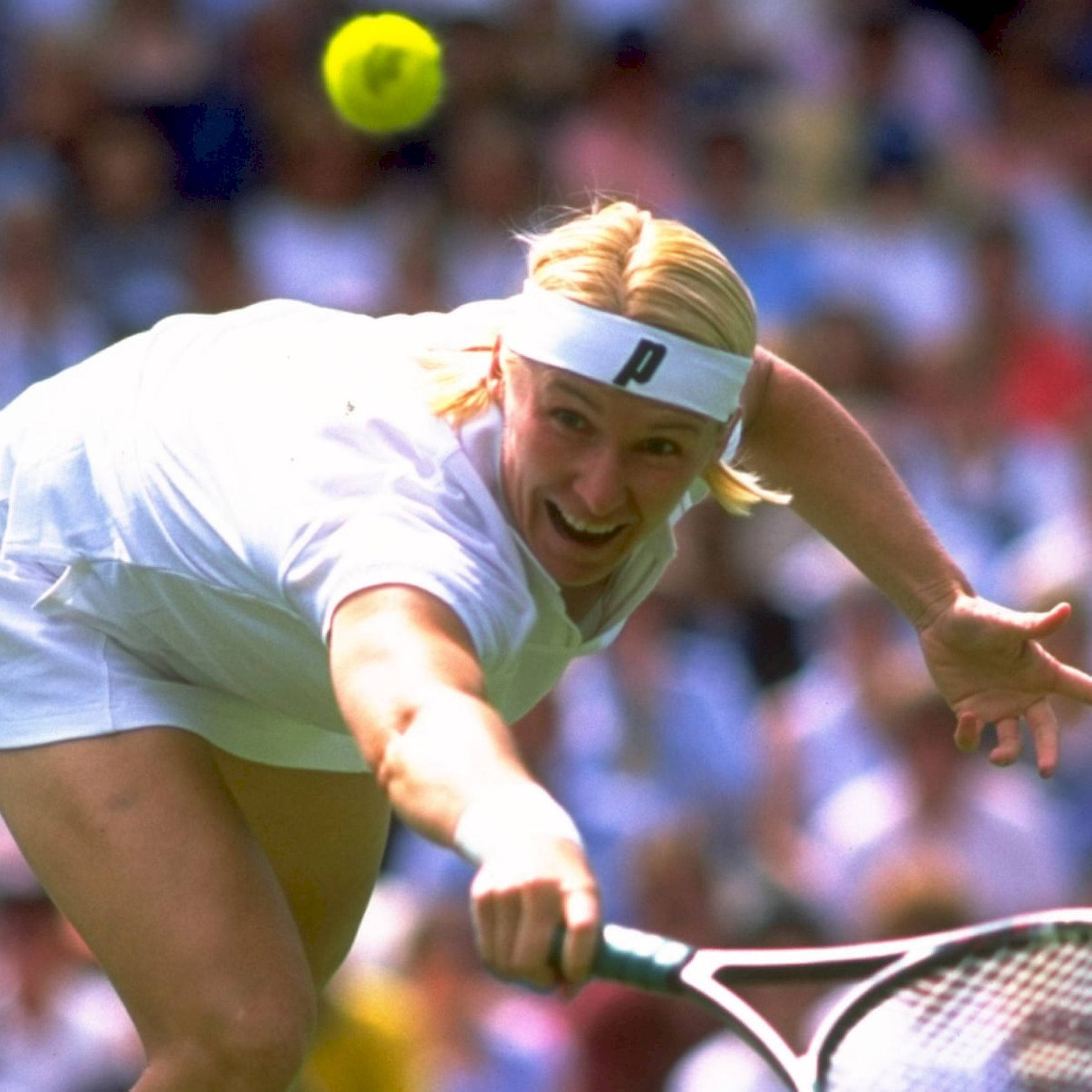 Jana Novotna, white gear, bright yellow tennis ball, Full HD Desktop Wallpaper